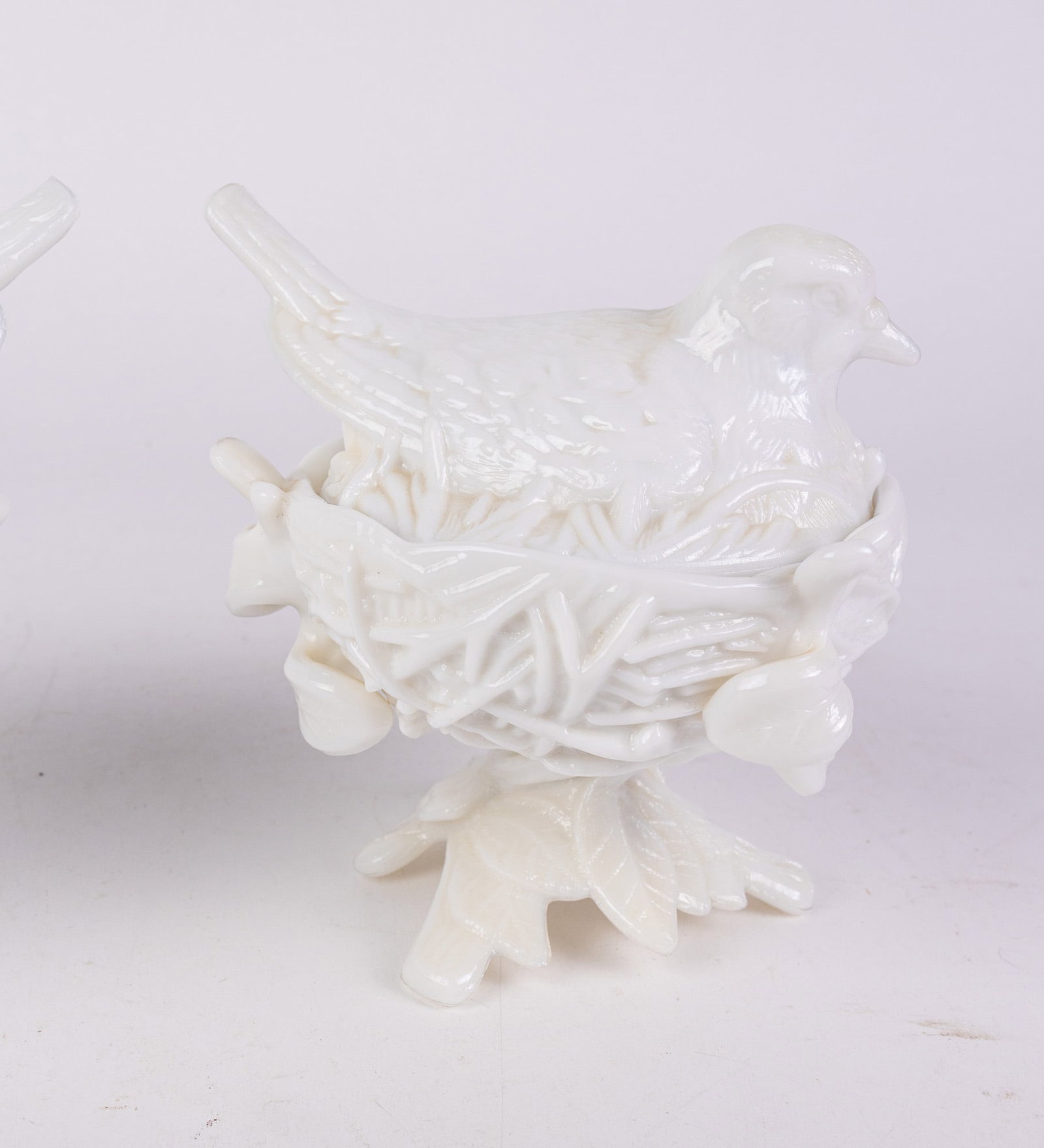 Pair of Vintage Milk Glass Bird in Nest Covered Dishes - 4