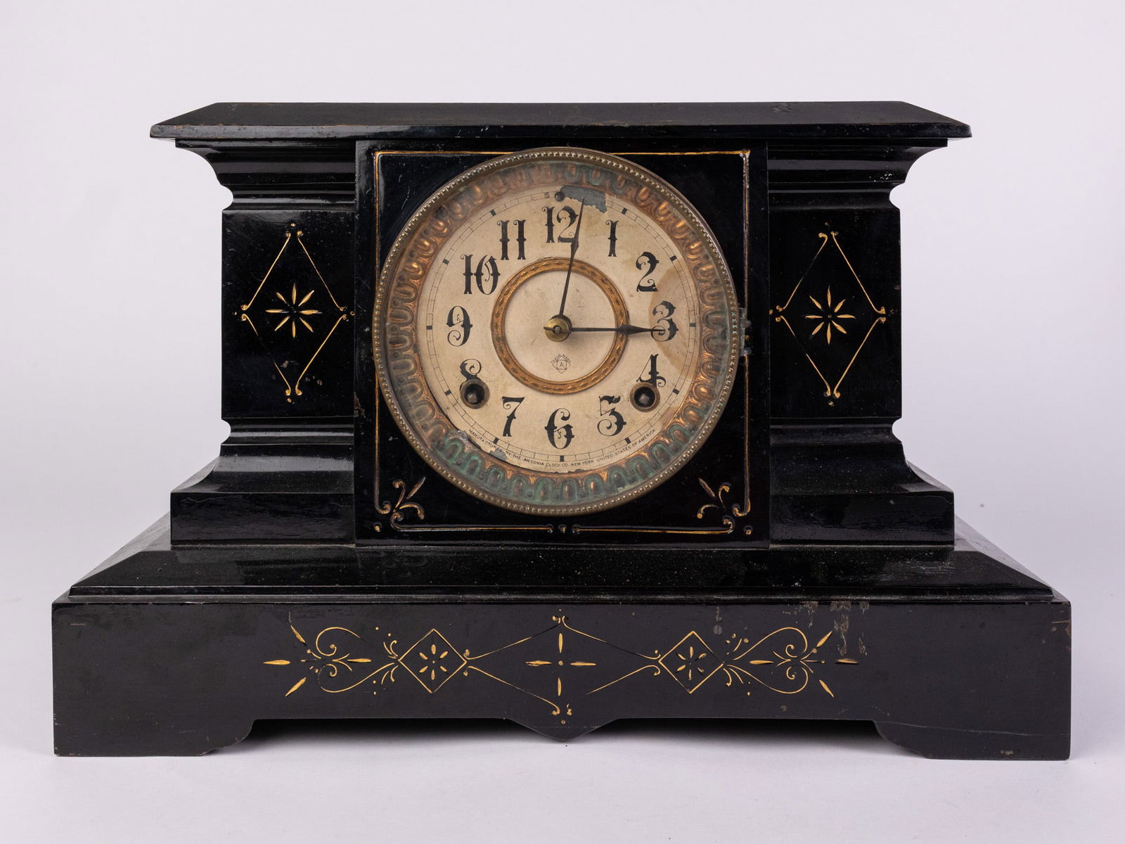 Antique Ansonia Cast Iron Mantel Clock: Antique Ansonia Cast Iron Mantel Clock, black cast iron with Eastlake style details. untested Size 10" x 15" x 6" Literature Brooks Auction – Online Auction Terms & Conditions ——R