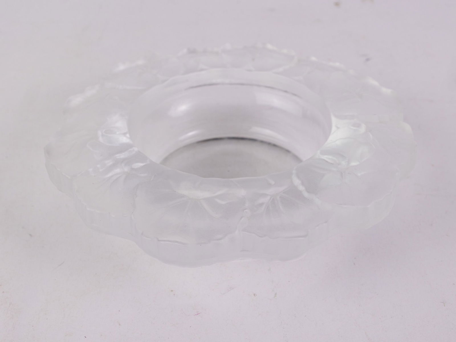 Lalique Style Frosted Glass Geranium Candy Dish: Lalique Style Frosted Glass Geranium Candy DishSize7" diameterLiteratureBrooks Auction – Online Auction Terms & Conditions