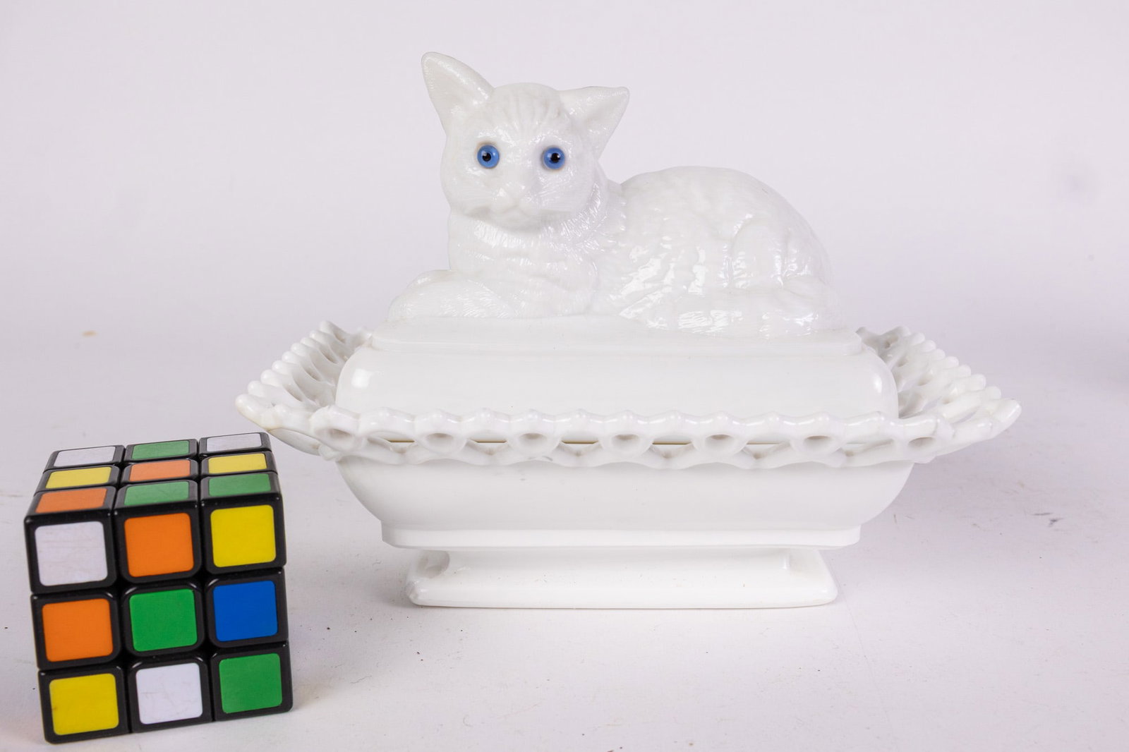 Vintage Milk Glass Cat Form Covered Dish - 2
