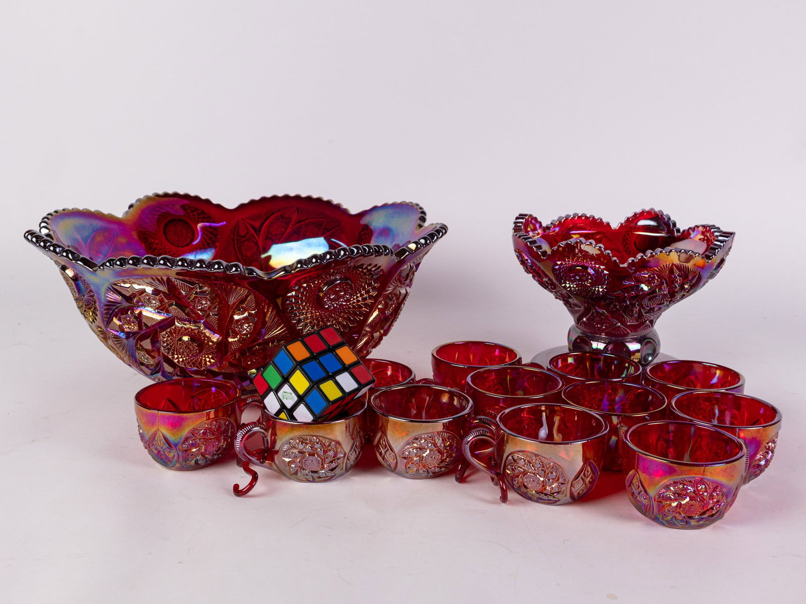 Red Carnival Glass Punch Bowl Set - 2