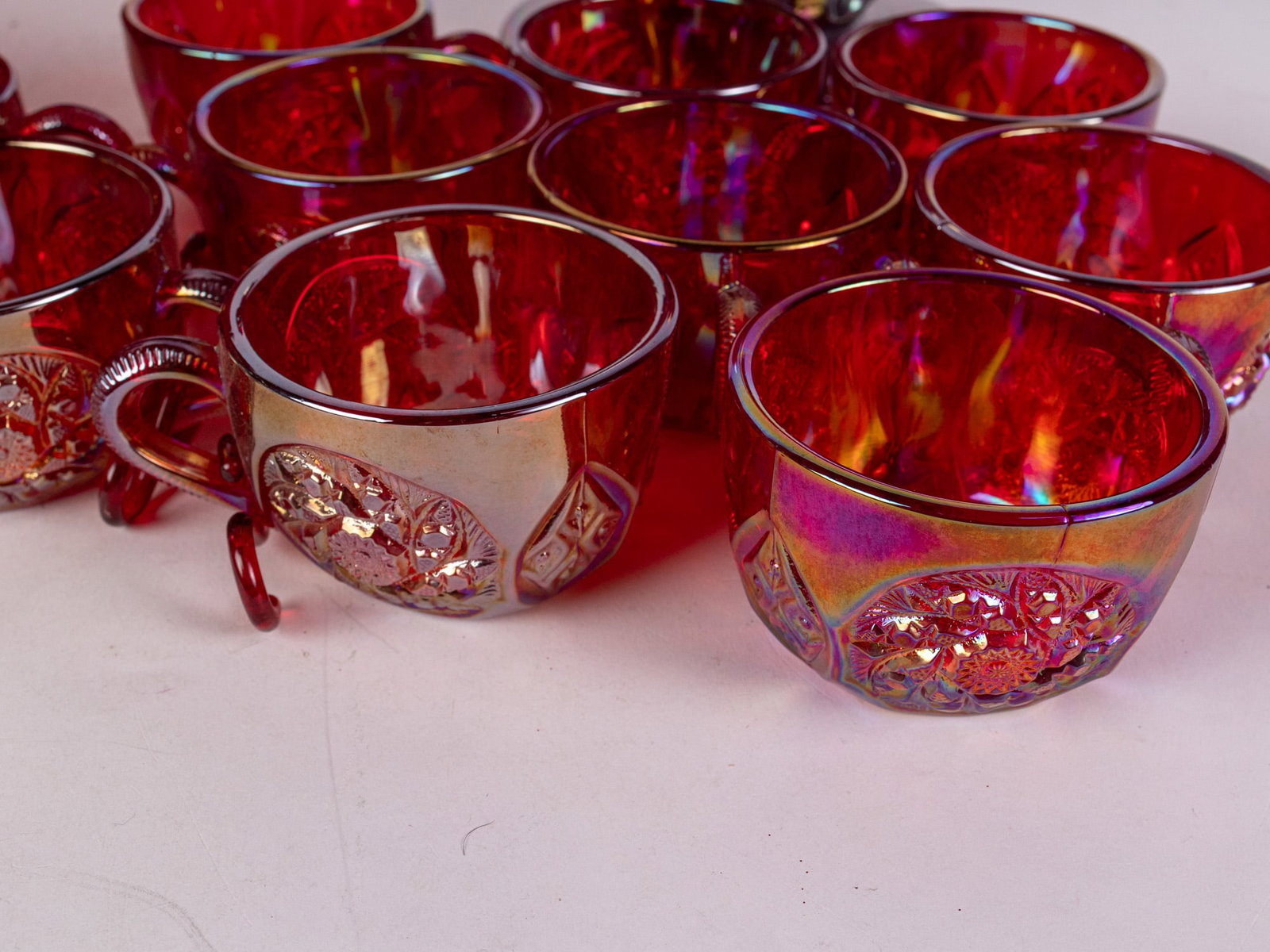 Red Carnival Glass Punch Bowl Set - 3