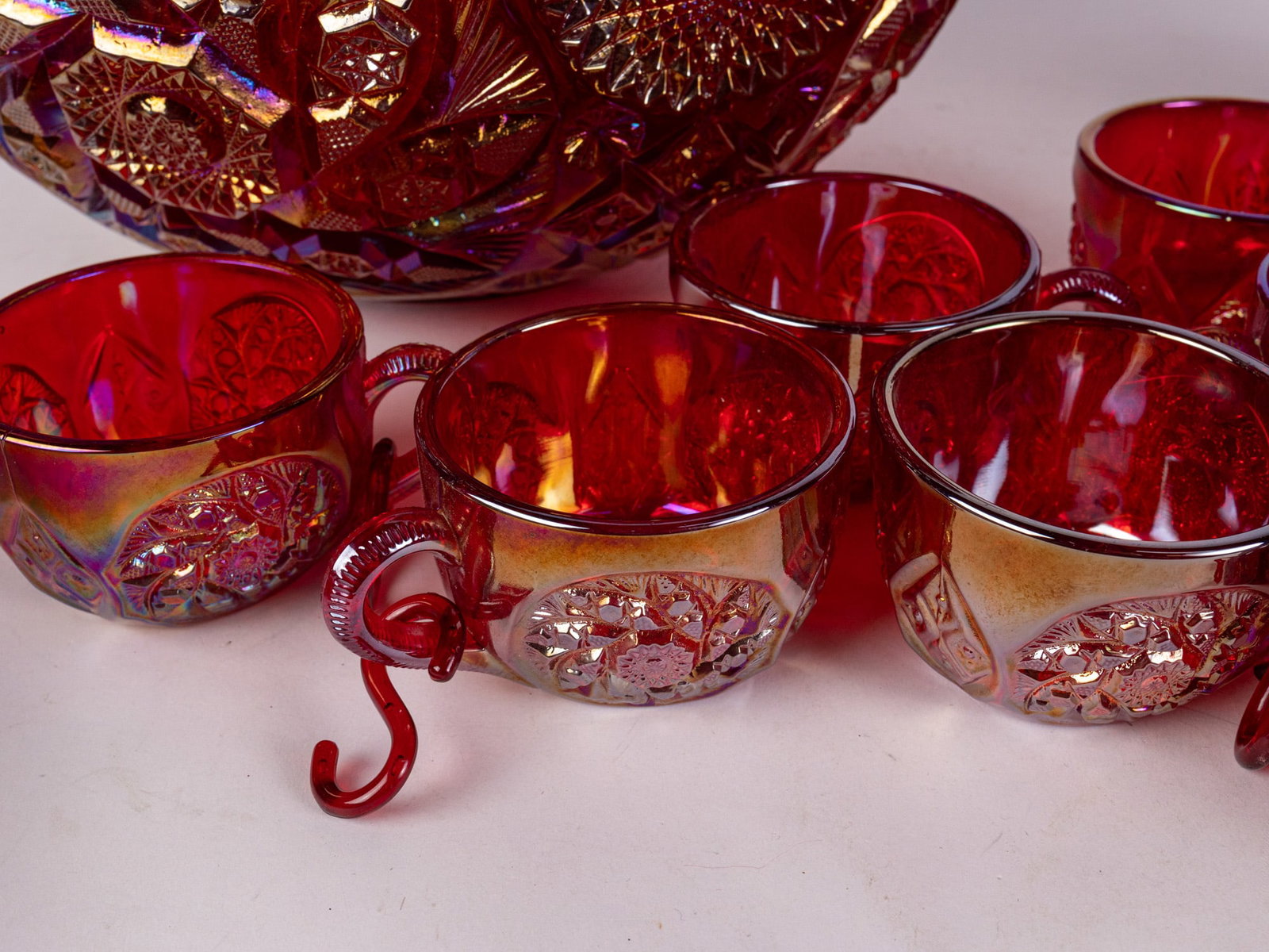Red Carnival Glass Punch Bowl Set - 4