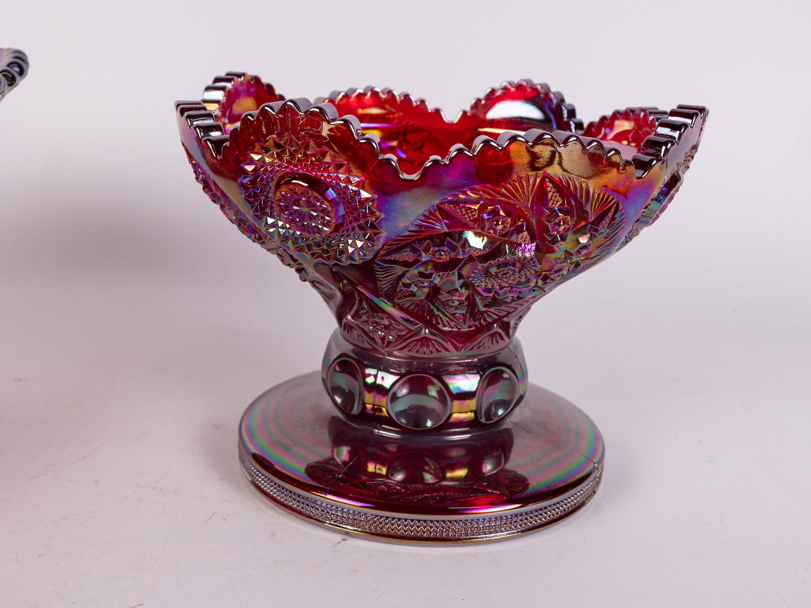 Red Carnival Glass Punch Bowl Set - 5