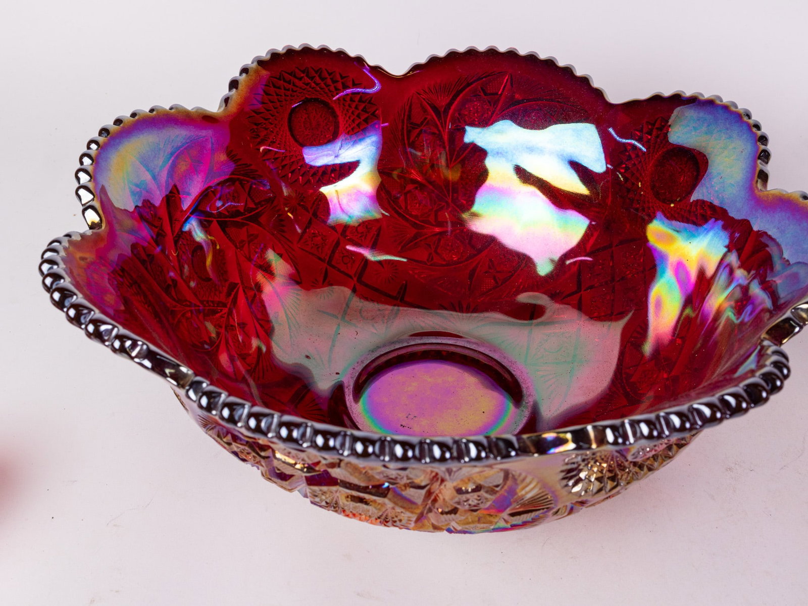 Red Carnival Glass Punch Bowl Set - 7