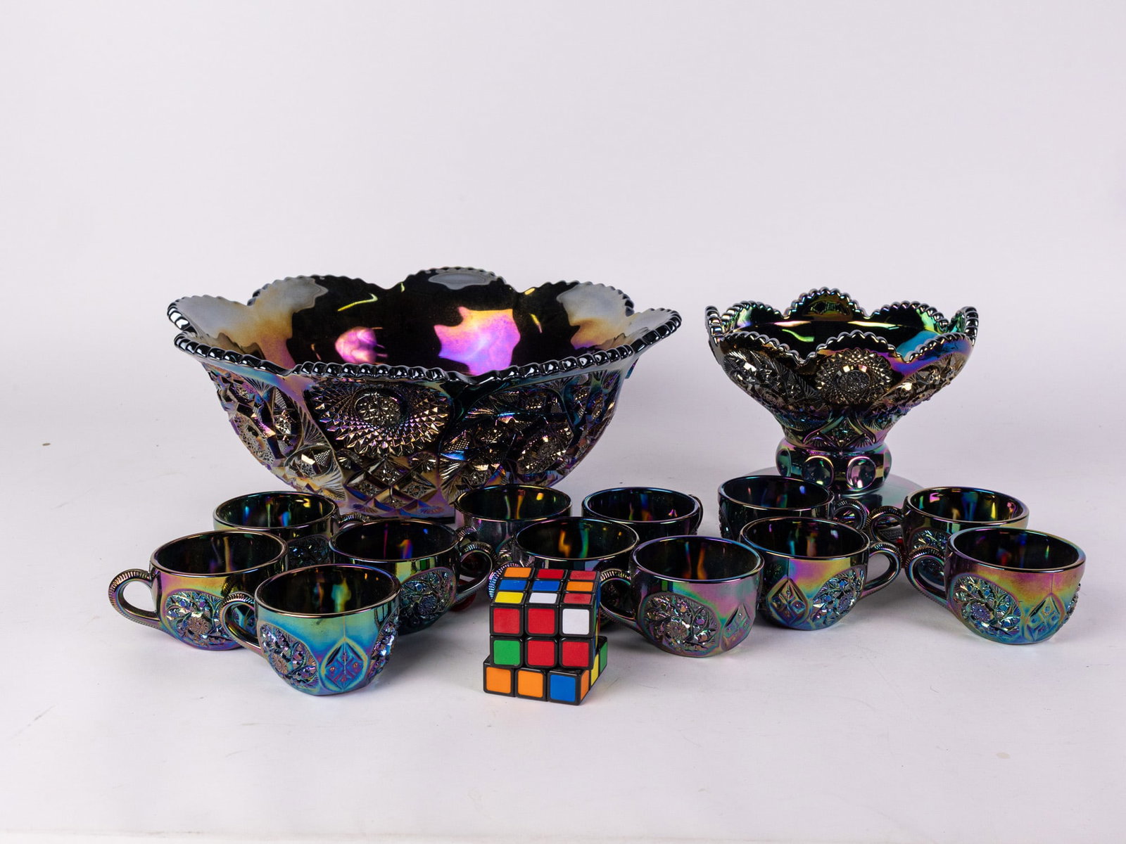 Blue Carnival Glass Punch Bowl Set - 2