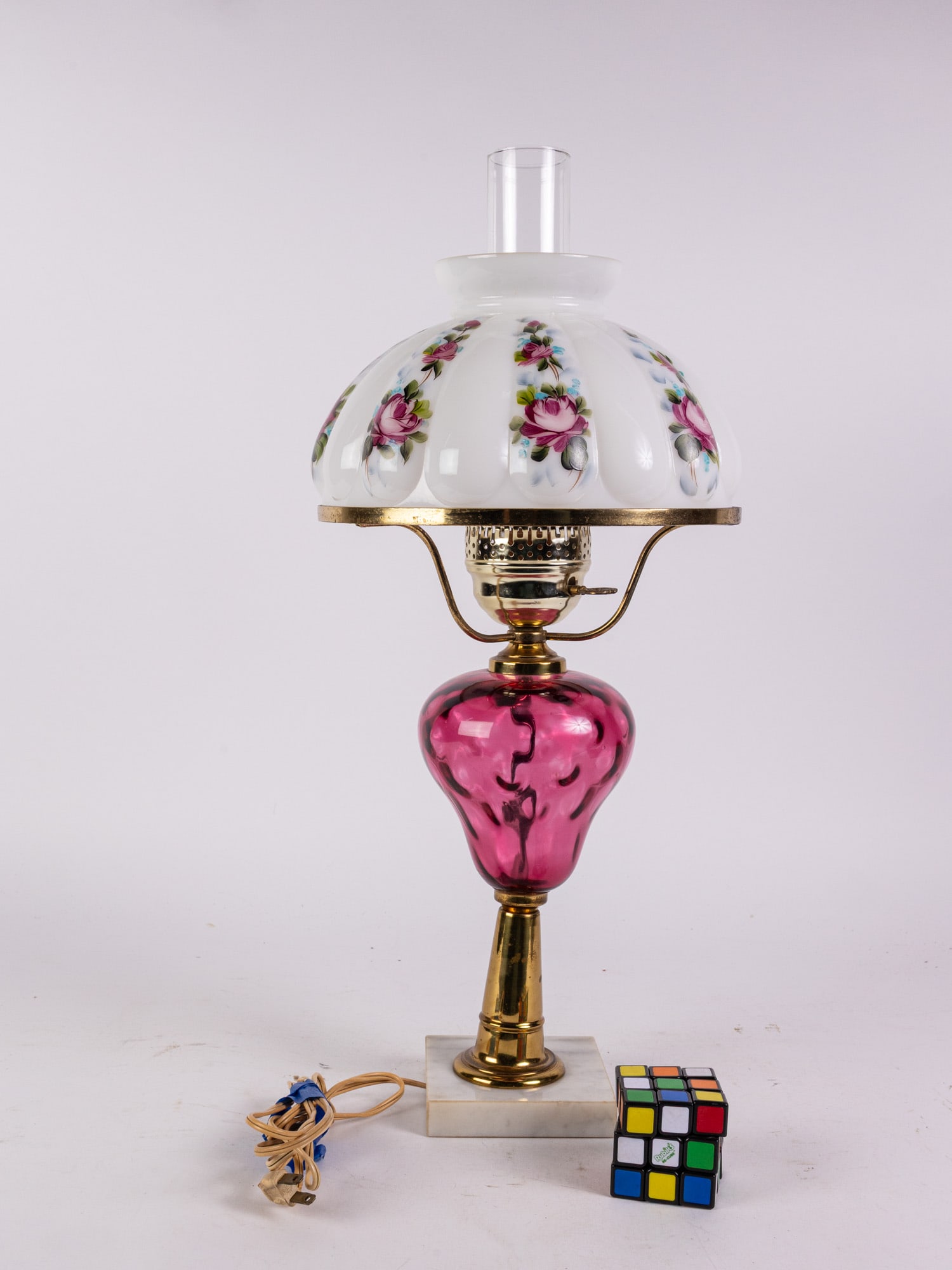 Vintage Lamp with Floral Motif Milk Glass Shade - 2