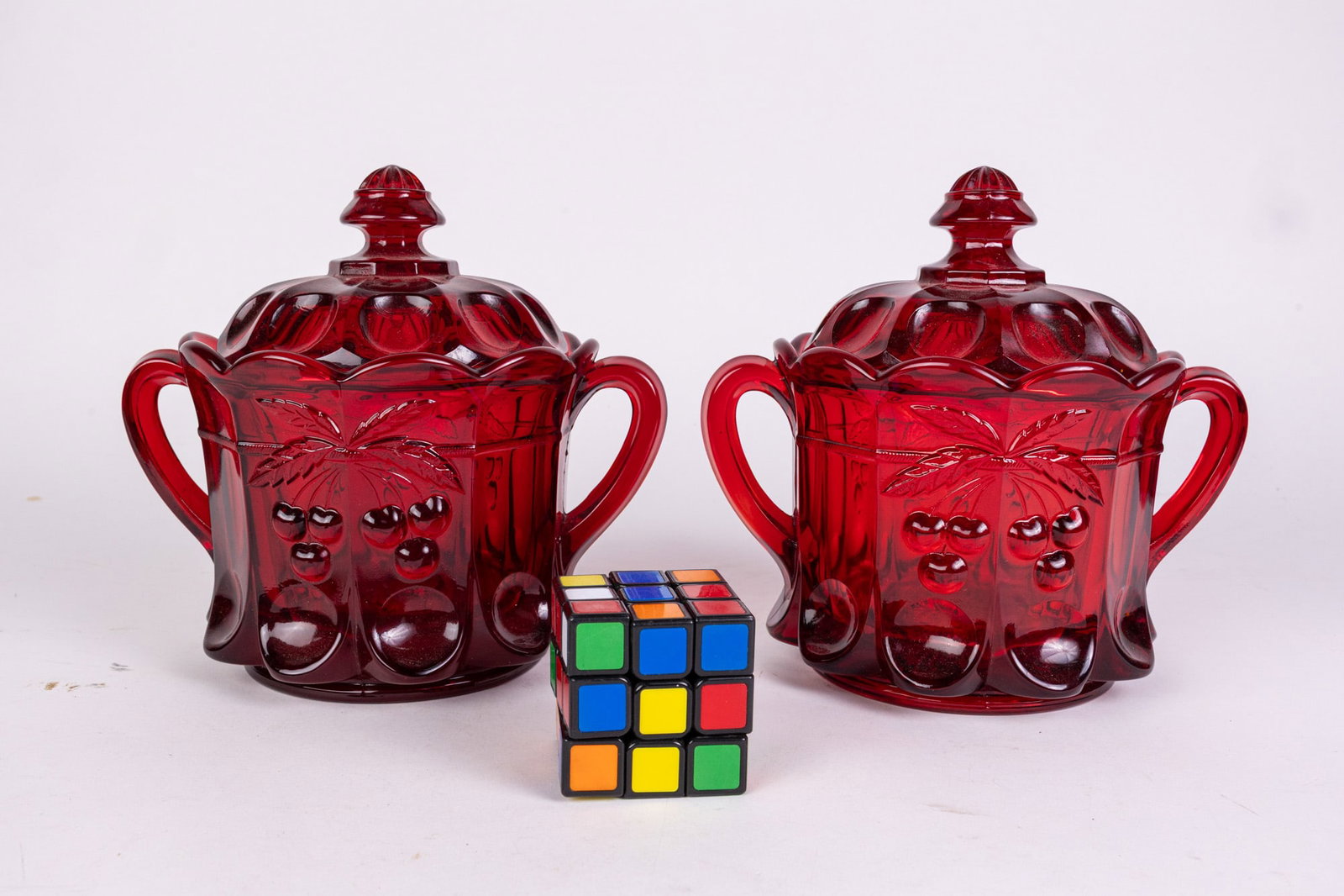 Pair of Mosser Ruby Cherry Motif Glass Jars - 2