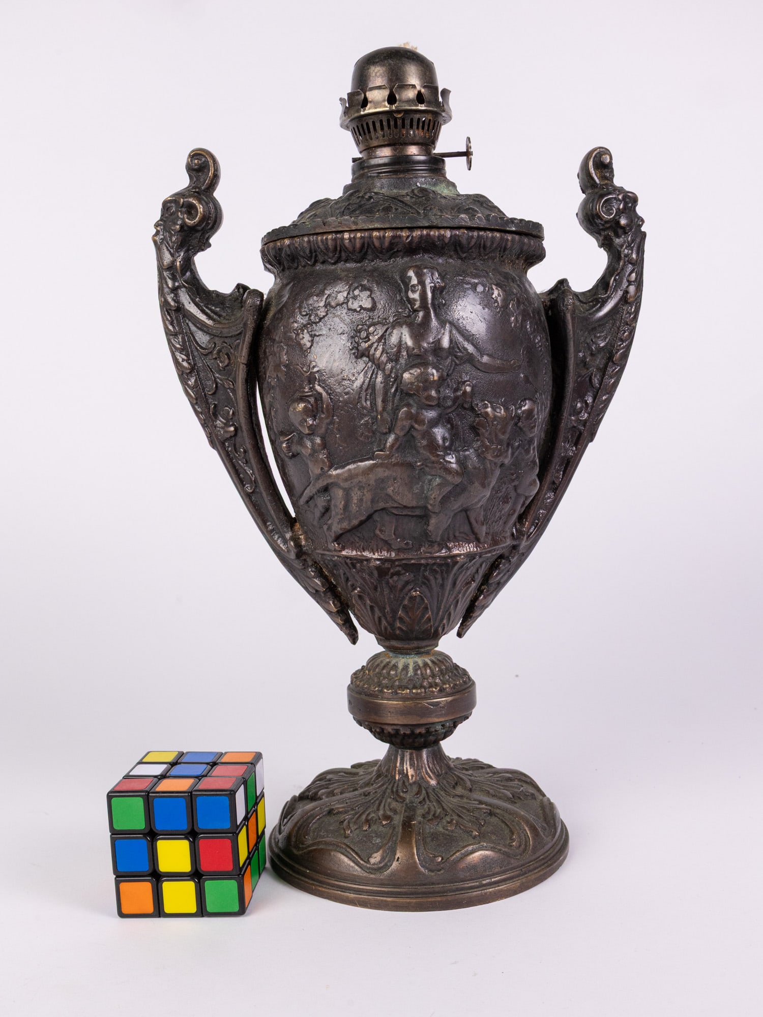 Antique Ornate Bronze Oil Lamp Base and Chimney - 2