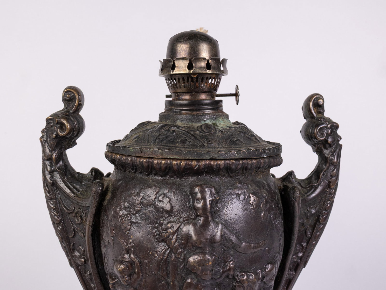 Antique Ornate Bronze Oil Lamp Base and Chimney - 4