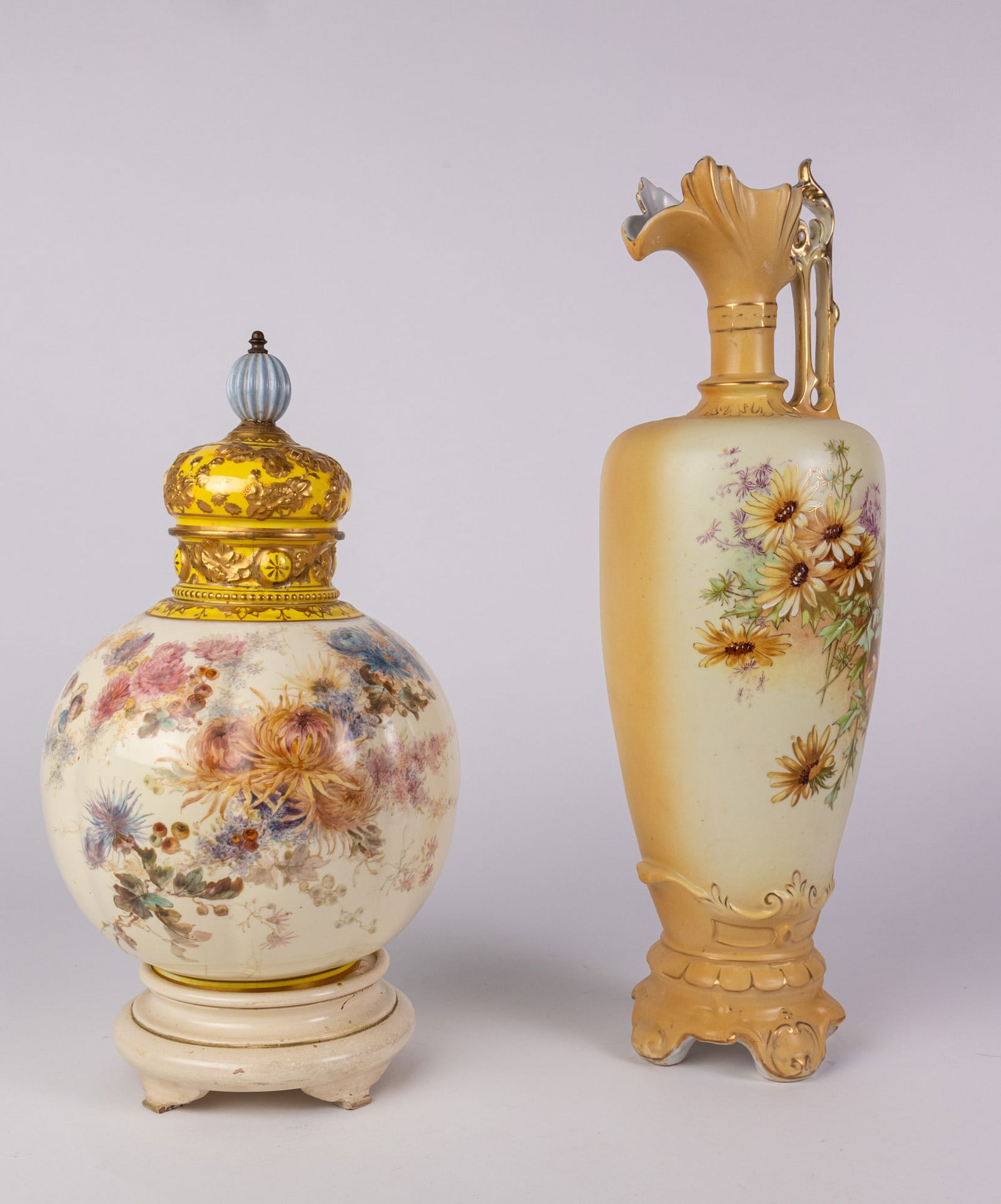 Two Vintage Decorative Vessels: Two Vintage Decorative Vessels: GB&C Austrian porcelain ewer - ceramic floral painted vessel with lid, lid is NOT removable Size 21" H Literature Brooks Auction – Online Auction Terms & Conditio