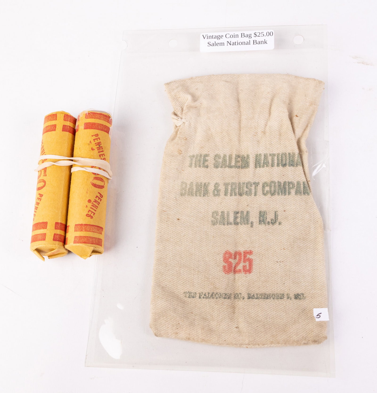 Vintage Salem National Bank Coin Bag: Vintage Salem National Bank Coin Bag " The Salem National Bank & Trust Company SALEM, NJ." Front "$25"Fron&Back Size 3.75"x6" Literature Brooks Auction – Online Auction Terms & Conditions —