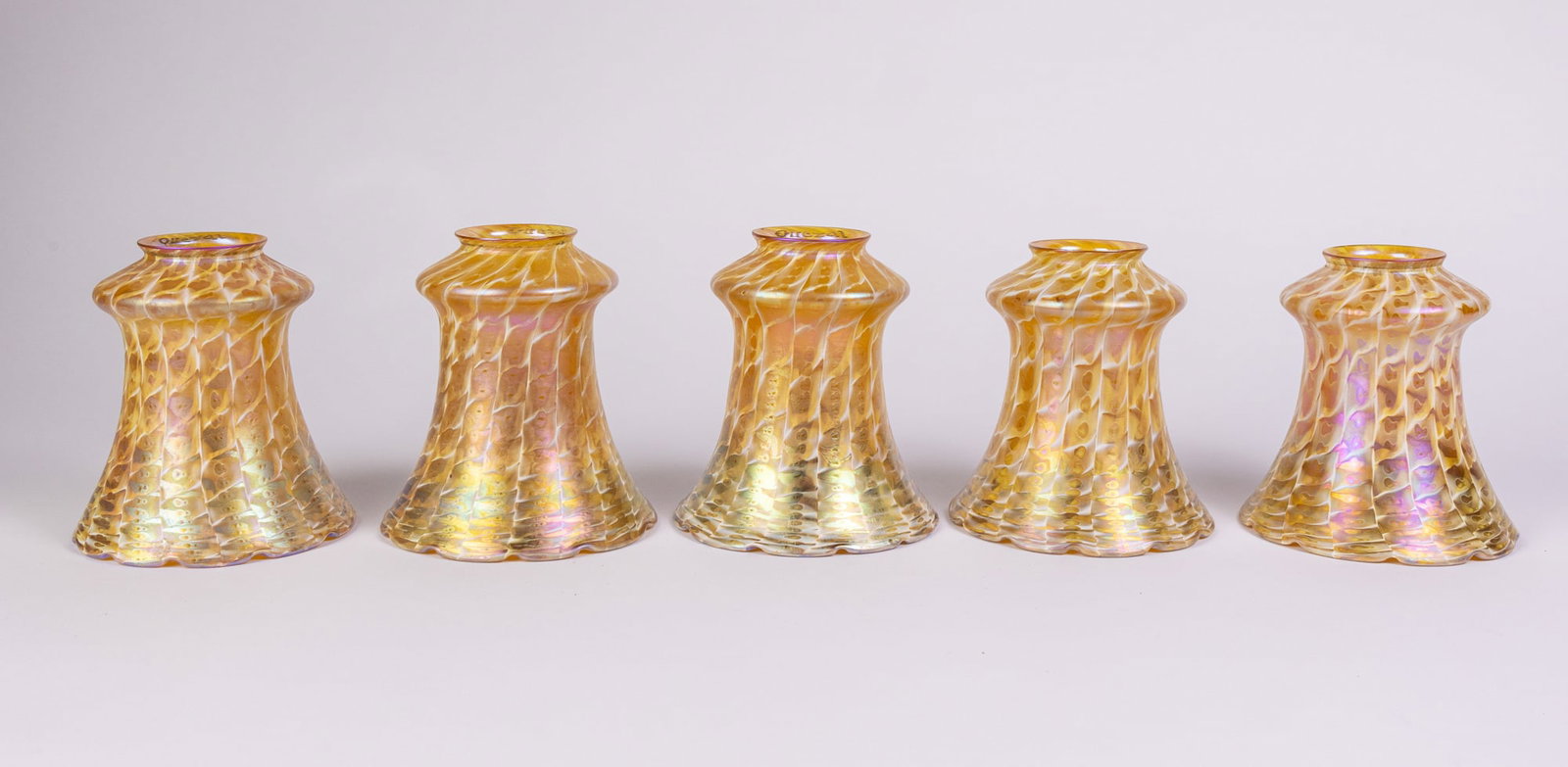 Set of Five Pulled Feather Quezal Glass Shades (1 of 12)
