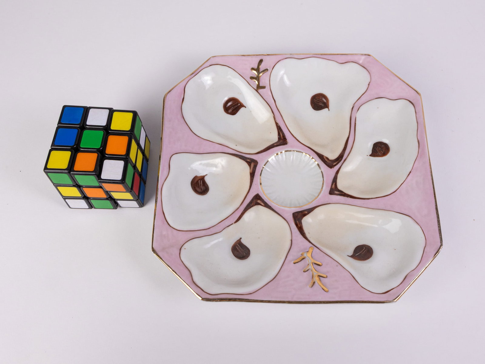 Antique Porcelain Pink & Gold 6-Well Oyster Plate - 2