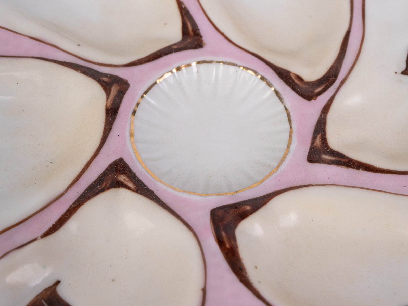 Antique Porcelain Pink & Gold 6-Well Oyster Plate - 5