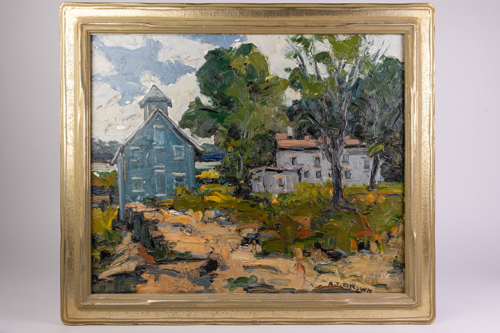A.J. Brown Impasto Landscape, Oil on Board: A.J. Brown Impasto Landscape, Oil on Board Size 25" x 28" Literature Brooks Auction – Online Auction Terms & Conditions Contact: (856) 694-2960 | info@brooks.auction READ BEFORE YOU BID: