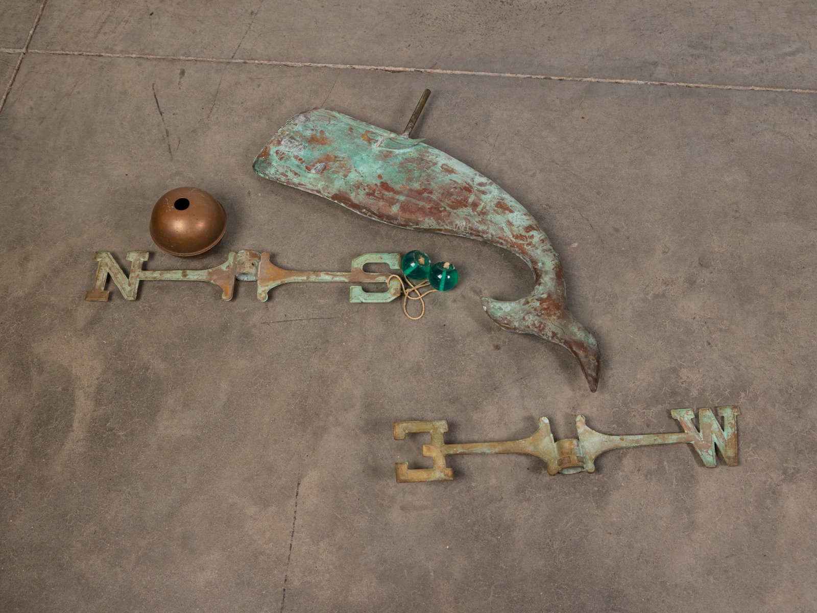 Vintage Copper Whale Weathervane: Vintage Copper Whale Weathervane Size 13" x 24" (size of whale, weathervane is disassembled) Literature Brooks Auction – Online Auction Terms & Conditions Contact: (856) 694-2960 | info@brooks.