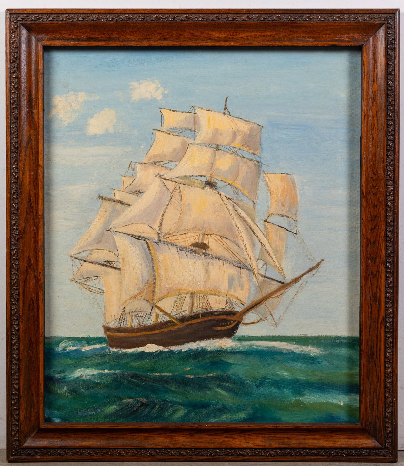 Clipper Ship Seascape, Oil on Board, Framed: Clipper Ship Seascape, Oil on Board, Framed Size 31" x 26" Literature Brooks Auction – Online Auction Terms & Conditions Contact: (856) 694-2960 | info@brooks.auction READ BEFORE YOU BID: