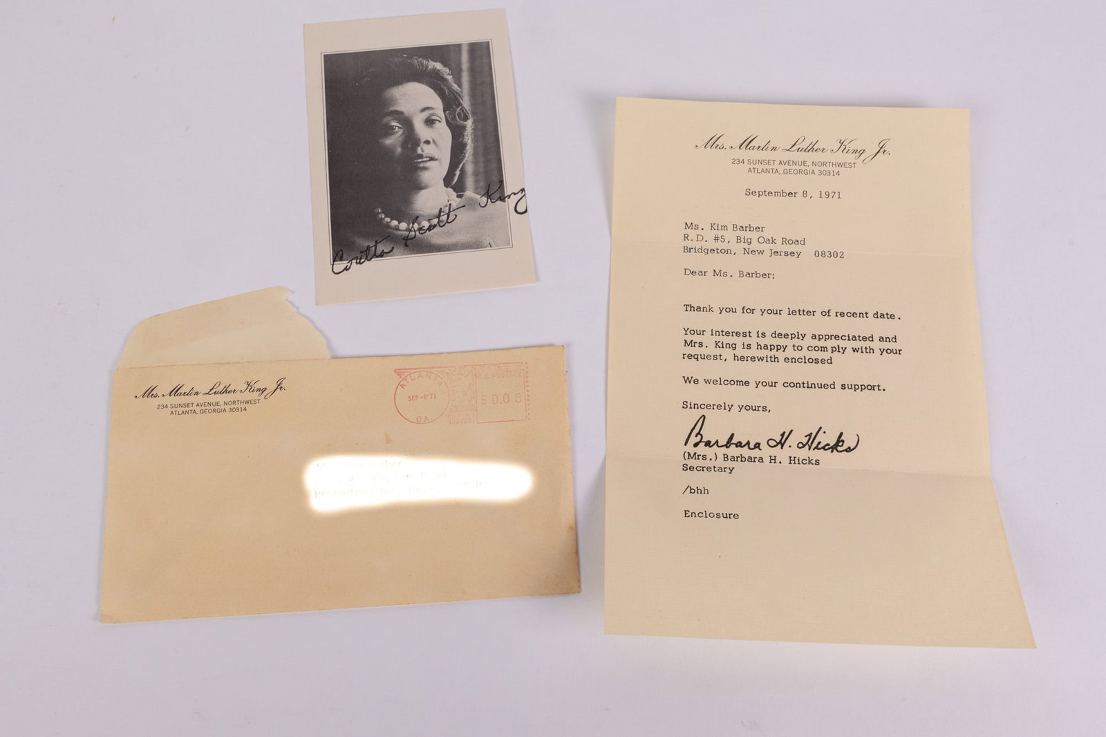 Correspondence from Coretta Scott King with Stamp Autographed Photo: Correspondence from Coretta Scott King with Stamp Autographed Photo, From a curated private collection that was amassed through personal correspondence, this letter comes from the office of Coretta