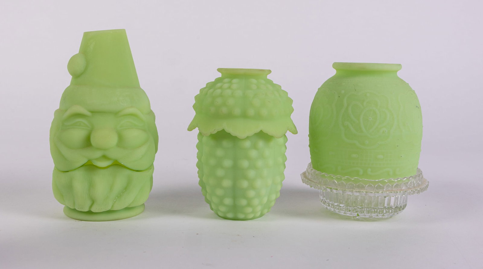 Trio of Fenton Uranium Satin Custard Glass Fairy Lamps ft. Santa Figural Lamp (1 of 9)