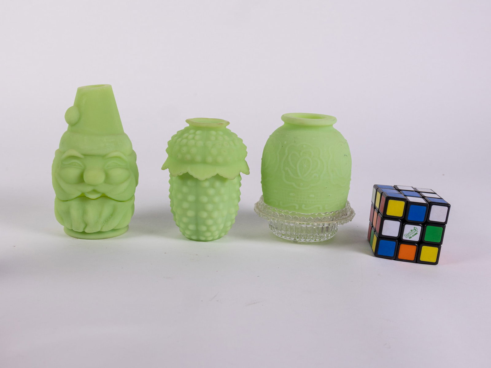Trio of Fenton Uranium Satin Custard Glass Fairy Lamps ft. Santa Figural Lamp - 2