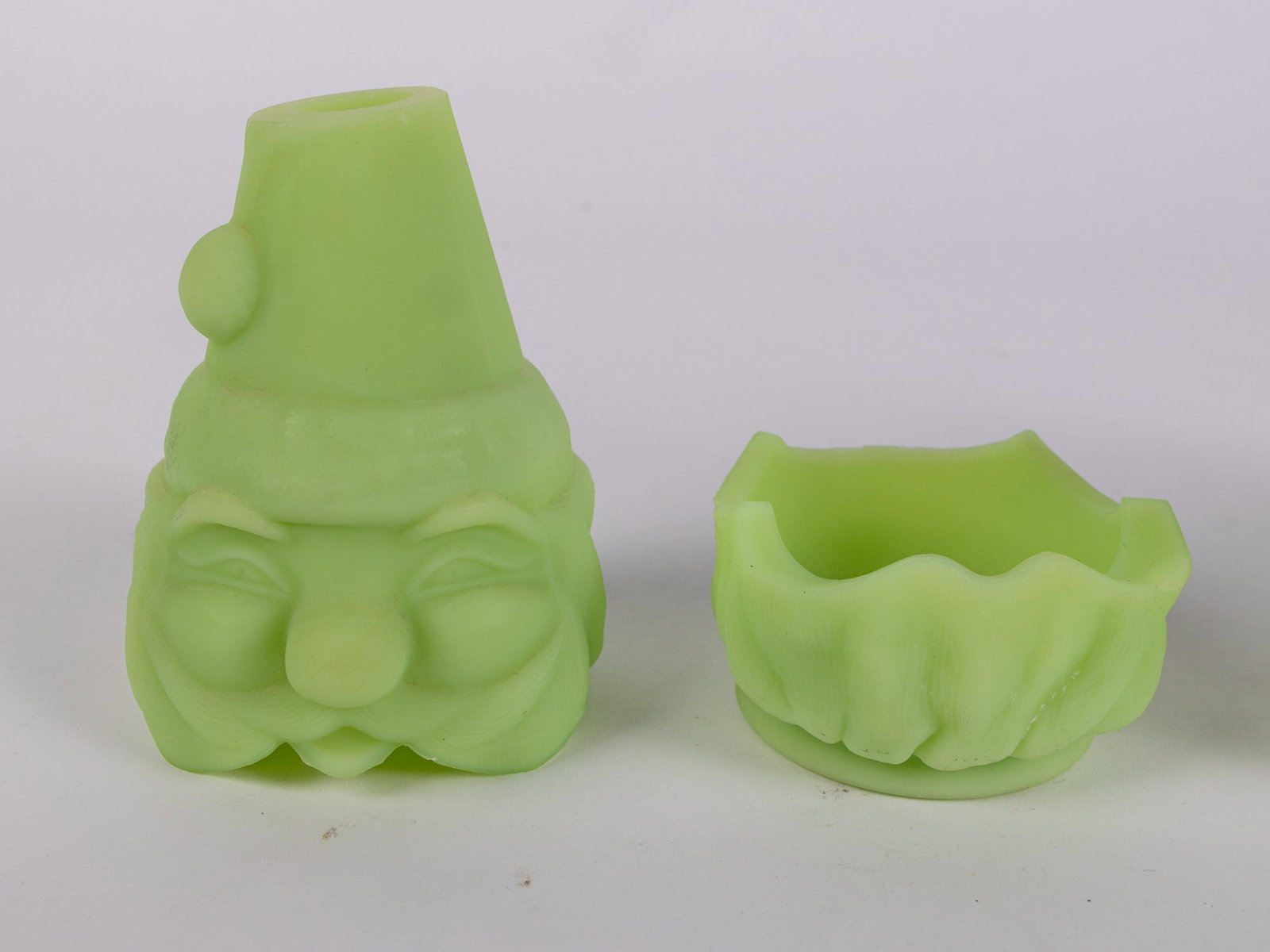 Trio of Fenton Uranium Satin Custard Glass Fairy Lamps ft. Santa Figural Lamp - 3