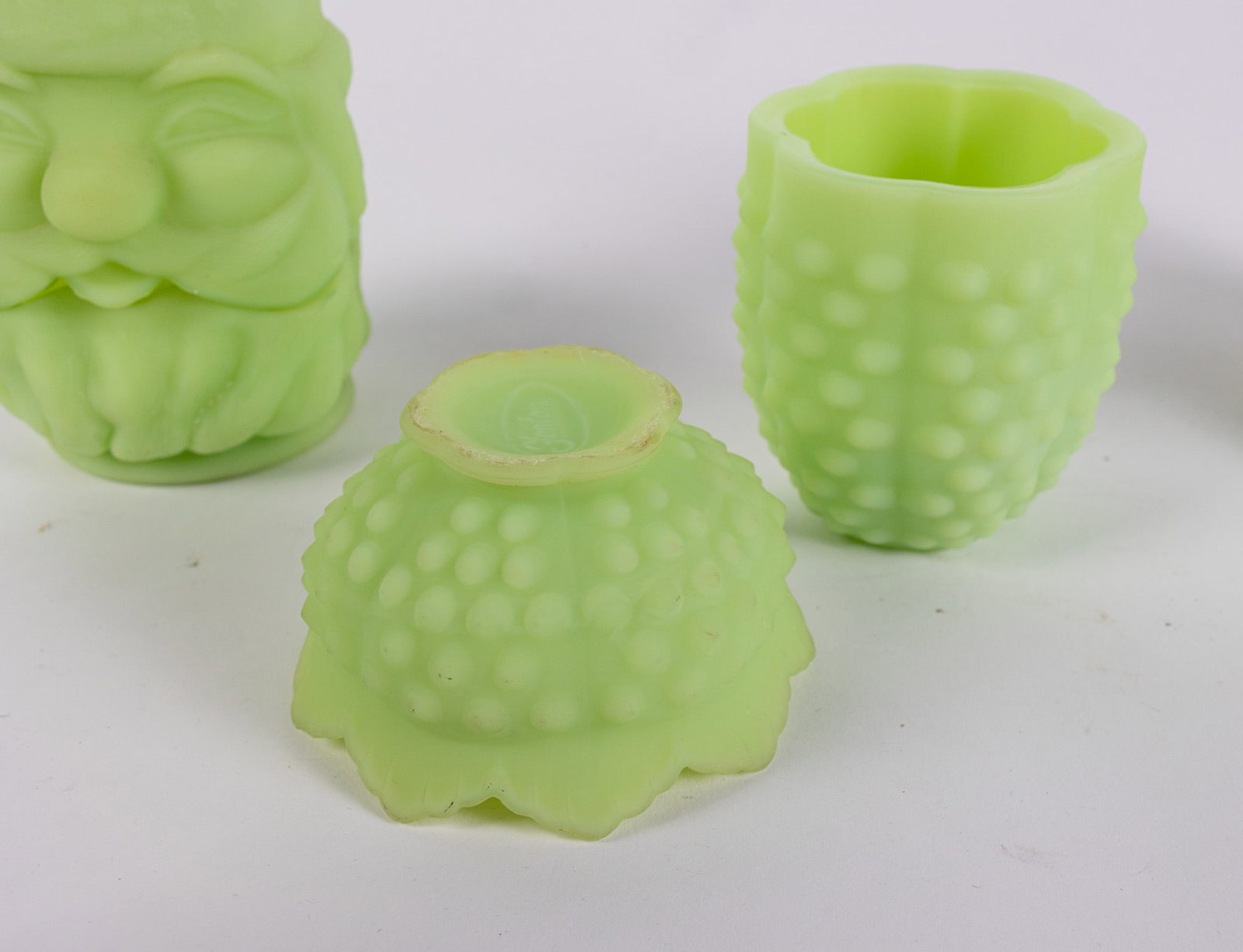 Trio of Fenton Uranium Satin Custard Glass Fairy Lamps ft. Santa Figural Lamp - 4