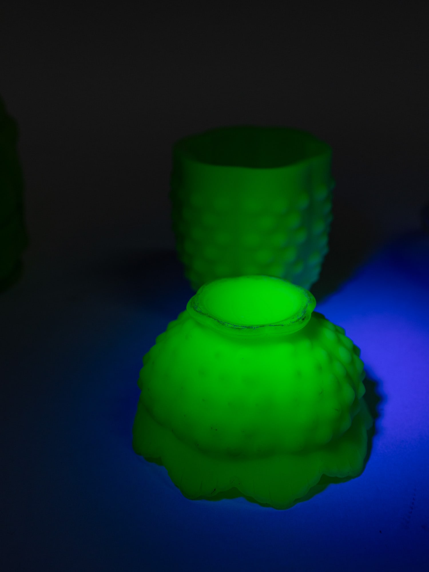 Trio of Fenton Uranium Satin Custard Glass Fairy Lamps ft. Santa Figural Lamp - 7