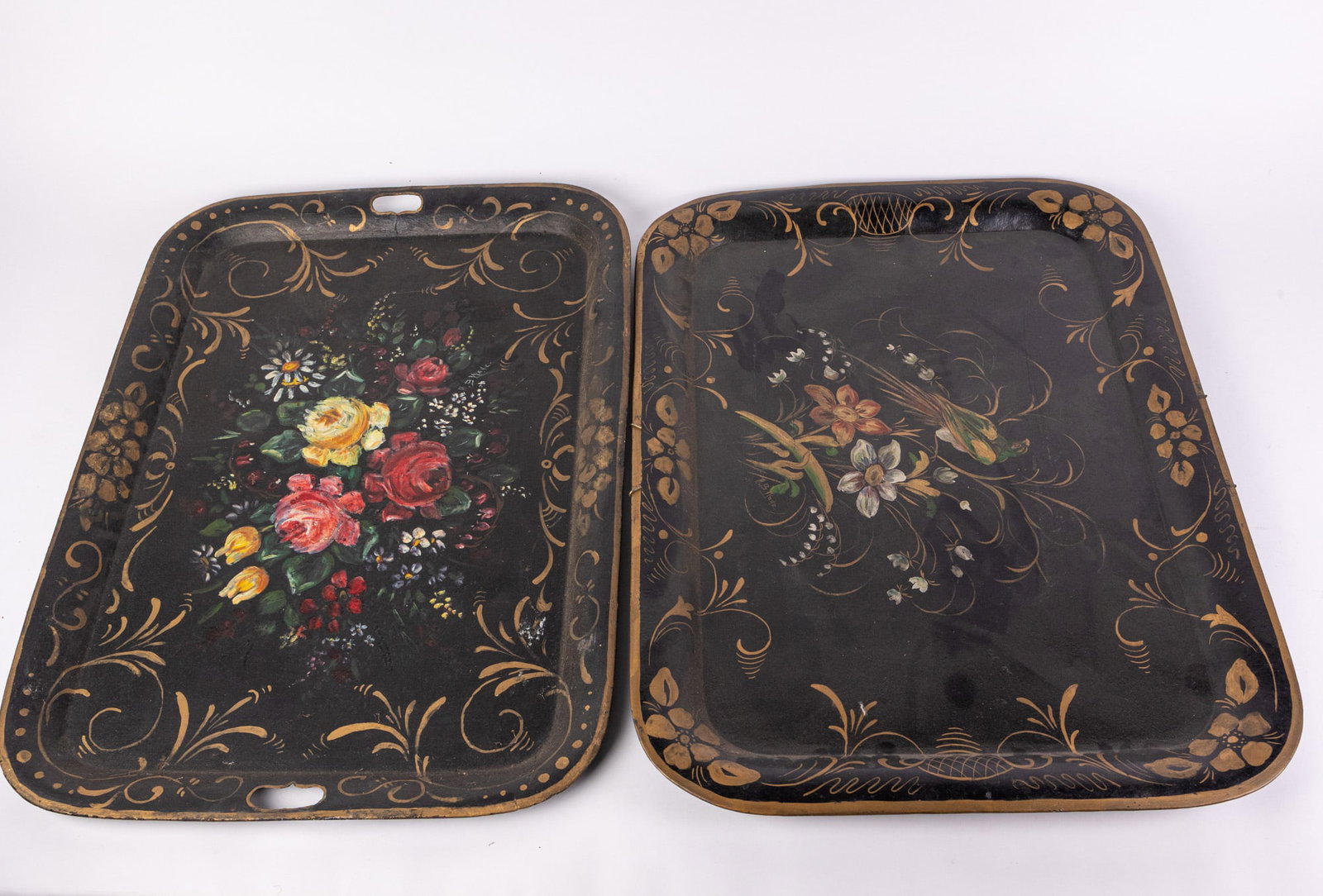 Pair of Antique Extra Large Toleware Hand-Painted Trays: Pair of Antique Extra Large Toleware Hand-Painted Trays Size 28" x 21" Literature Brooks Auction – Online Auction Terms & Conditions Contact: (856) 694-2960 | info@brooks.auction READ BEFORE