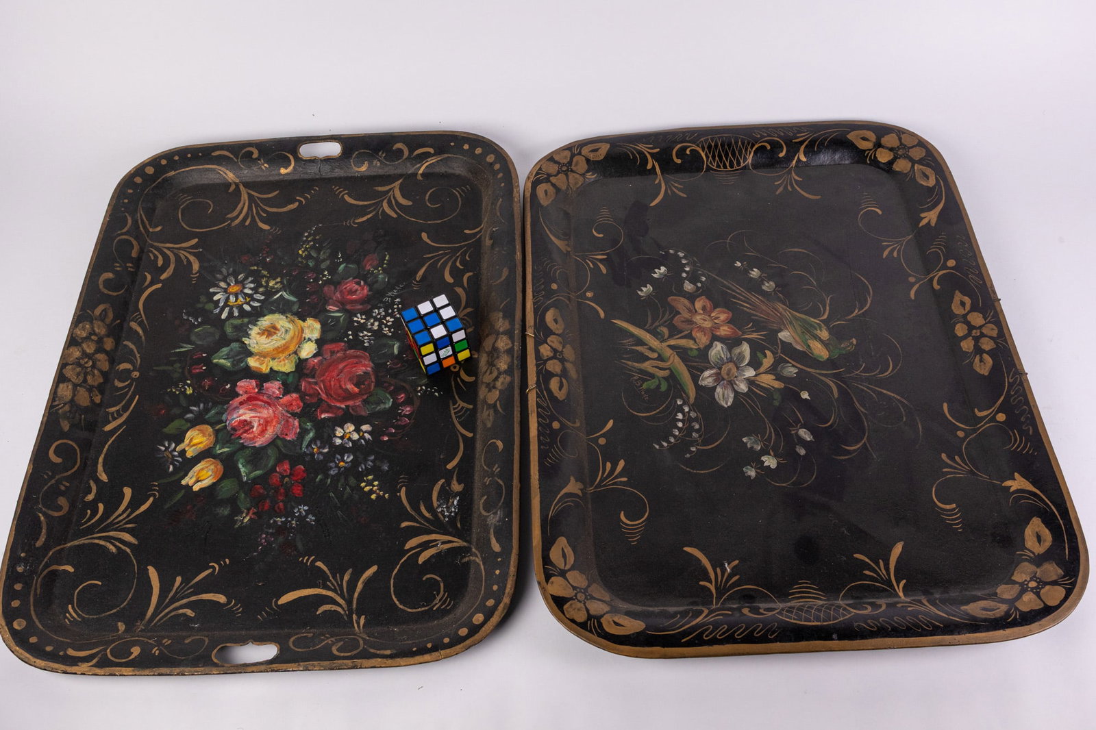 Pair of Antique Extra Large Toleware Hand-Painted Trays - 2