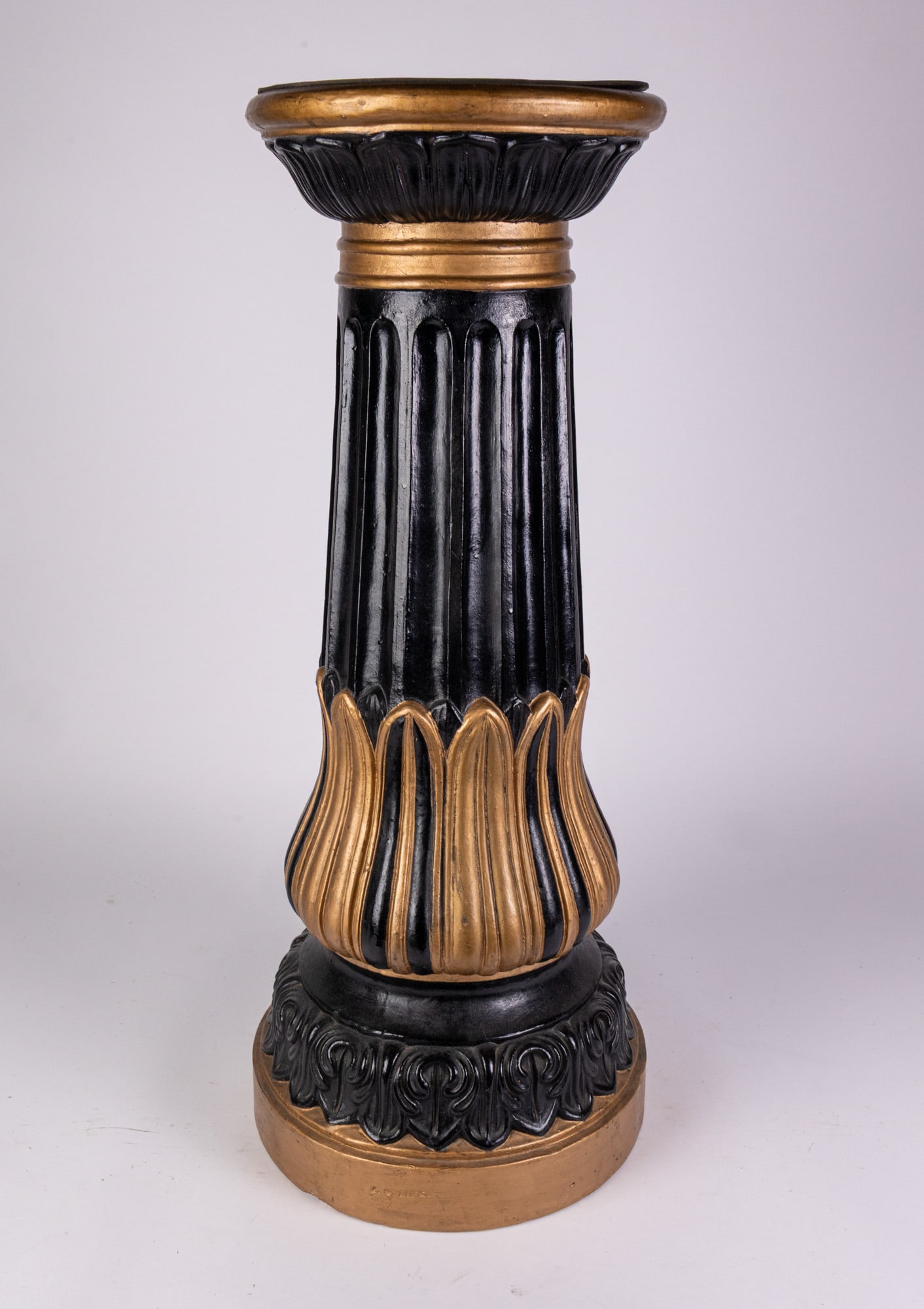 Architectural Black & Gold Ceramic Pedestal Plant Stand w/ Classical Column Detailing: Architectural Black & Gold Ceramic Pedestal Plant Stand w/ Classical Column Detailing Size 29" x 12" x 12" Literature Brooks Auction – Online Auction Terms & Conditions Contact: (856) 694-2960
