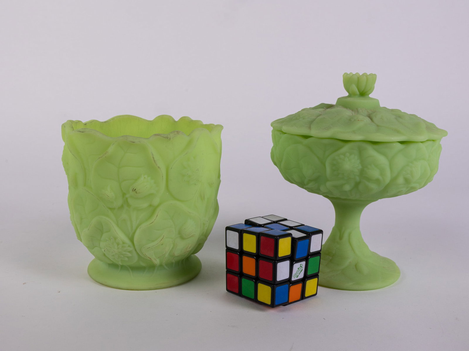 Two Pieces of Fenton "Lily" Uranium Satin Custard Glass - 2