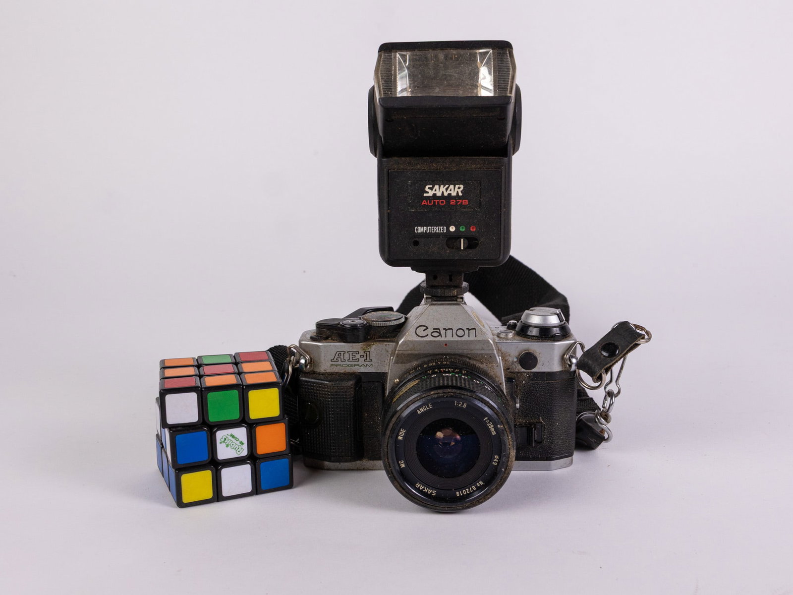 Canon AE-1 35mm Black/Silver SLR Camera w/ Sakar FD 28 mm 1:2.8 Lens - 2
