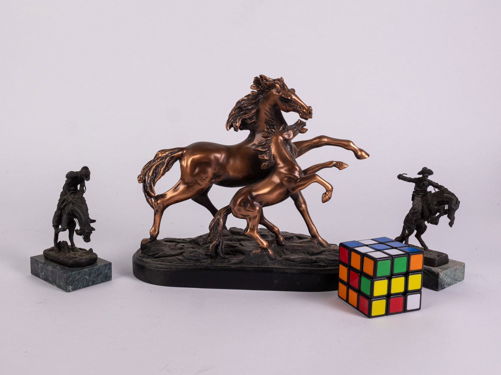 Trio of Sculptures ft . Pair of Bronze Miniature Remington Reproductions - 2