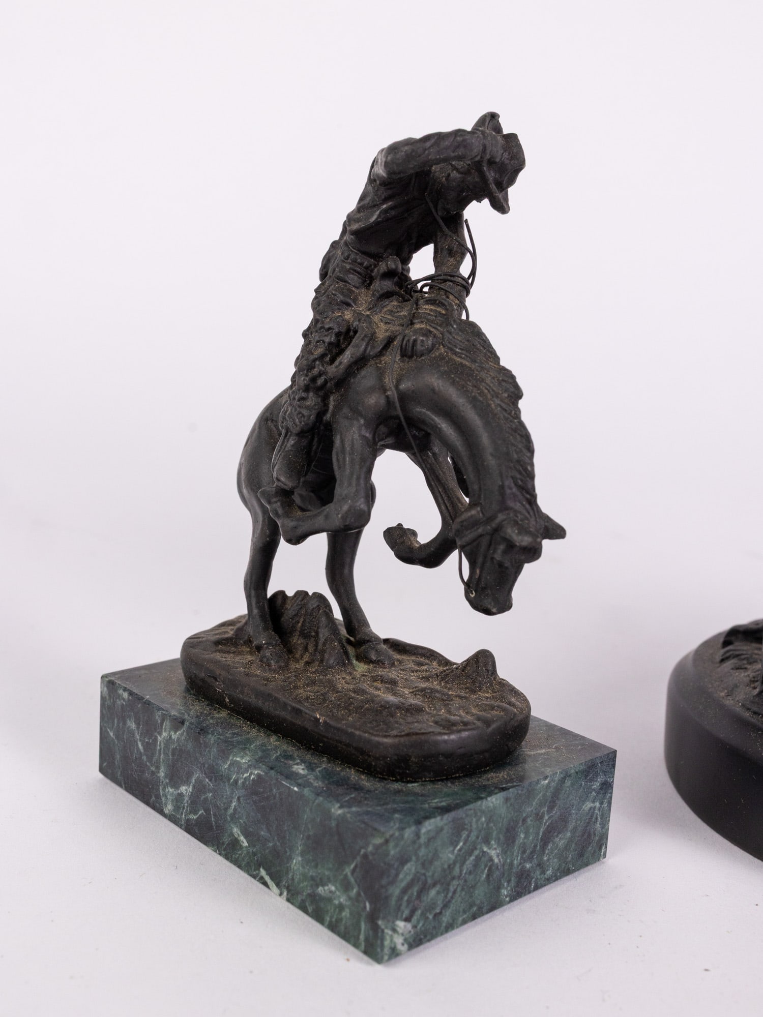 Trio of Sculptures ft . Pair of Bronze Miniature Remington Reproductions - 3