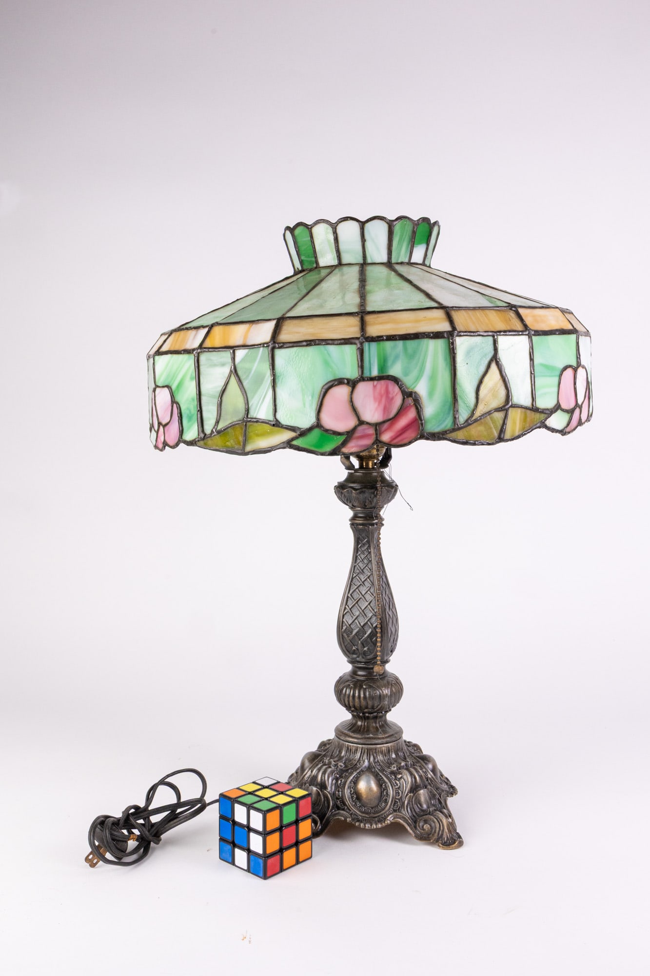 Vintage Table Lamp with Leaded Glass Shade - 2
