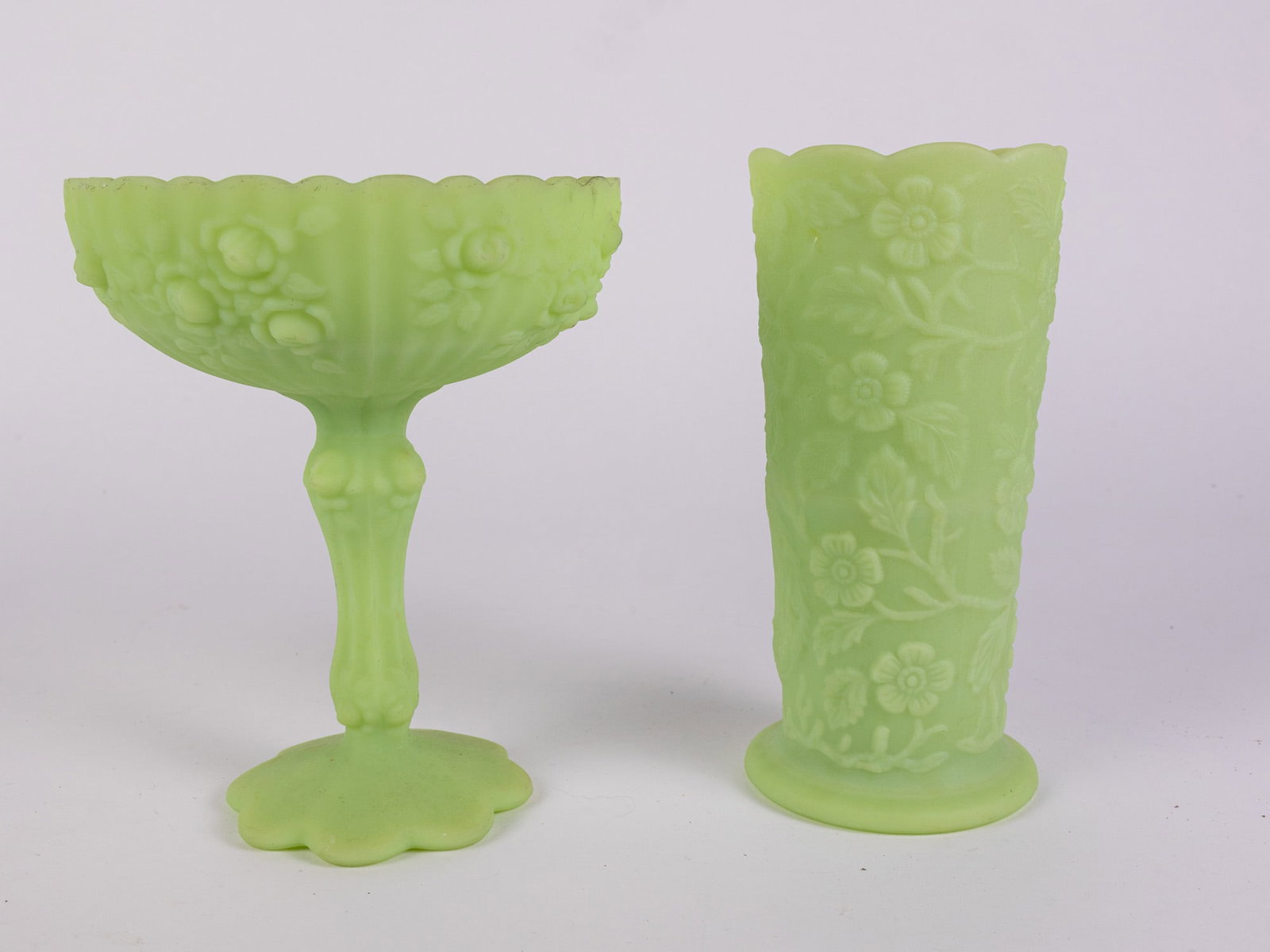 Two Pieces of Fenton Uranium Satin Custard Glass: Two Pieces of Fenton Uranium Satin Custard Glass Size 8" x 7" x 7" Literature Brooks Auction – Online Auction Terms & Conditions Contact: (856) 694-2960 | info@brooks.auction READ BEFORE YOU