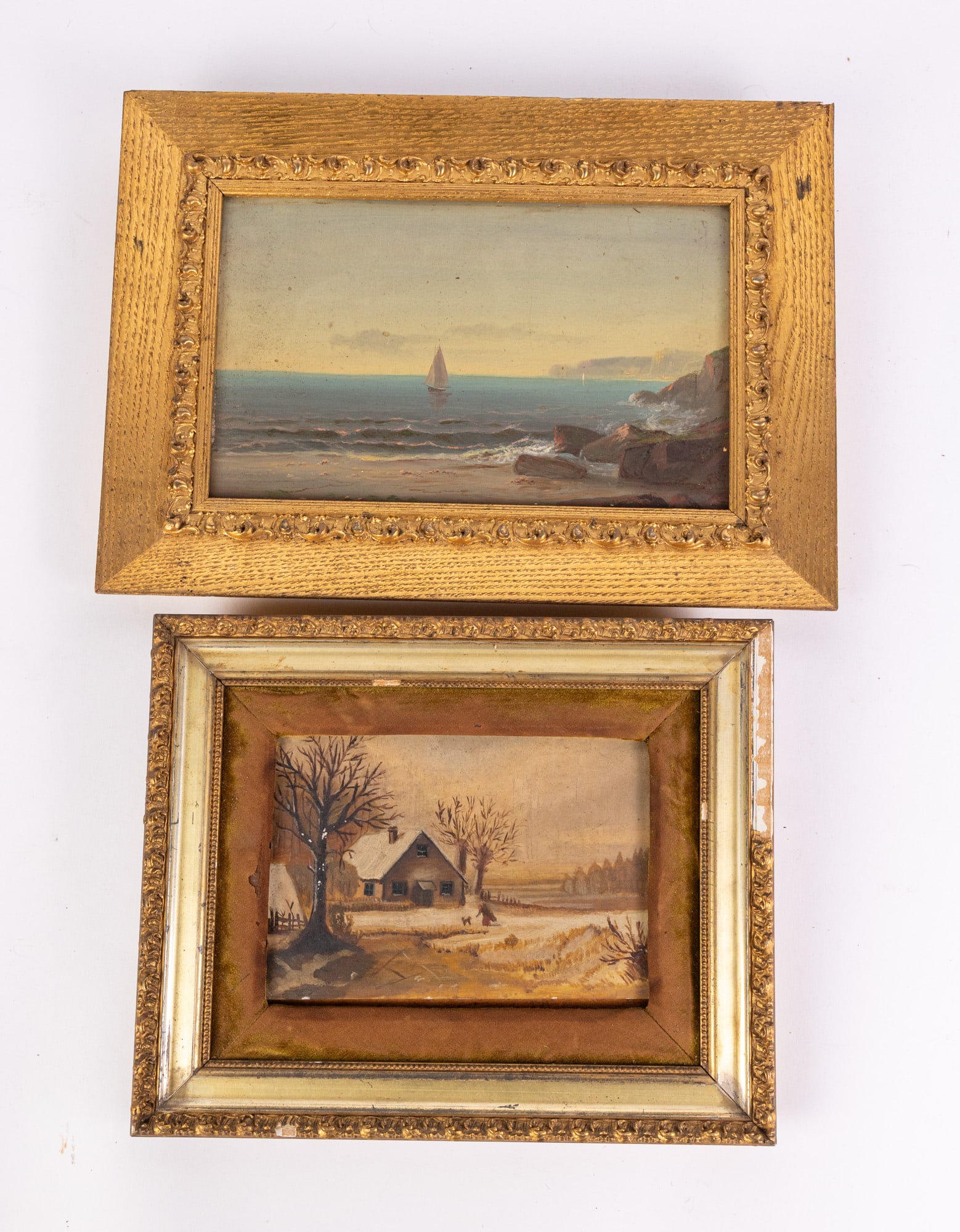 Two Small Original Oil Paintings: Two Small Original Oil Paintings, Two small oil paintings depicting a winter scene and an ocean scene. Unsigned. Ornate gold toned frames. Size 10" x 14" Literature Brooks Auction – Online Aucti
