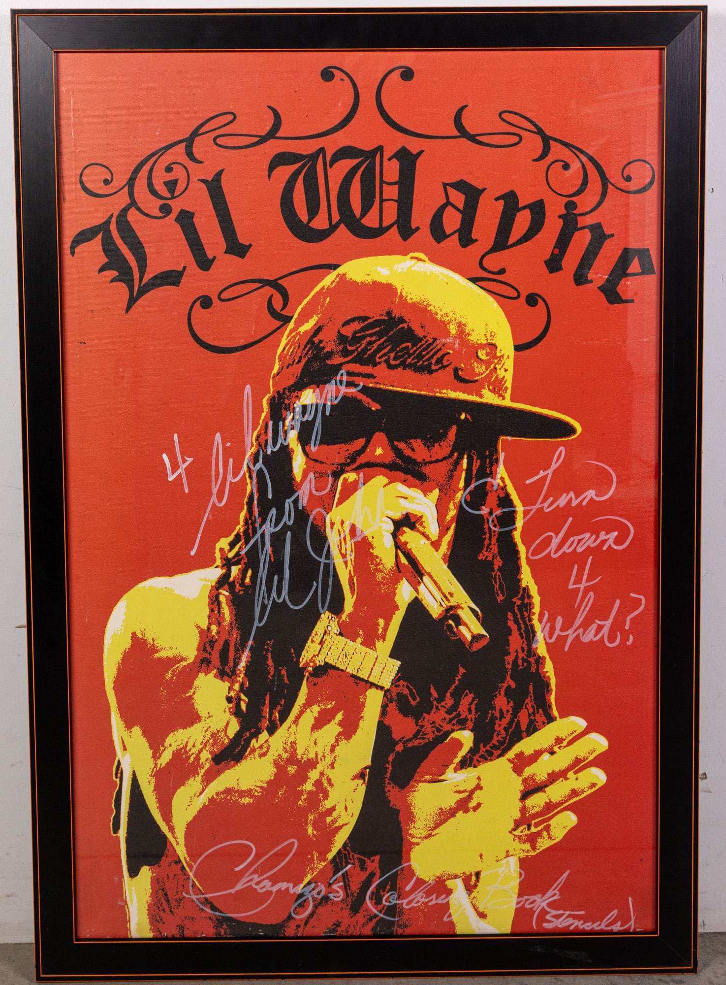 Lil Wayne Framed Canvas Poster w/ Inscriptions: Lil Wayne Framed Canvas Poster w/ Inscriptions Size 39" x 26" Literature Brooks Auction – Online Auction Terms & Conditions Contact: (856) 694-2960 | info@brooks.auction READ BEFORE YOU BID: We