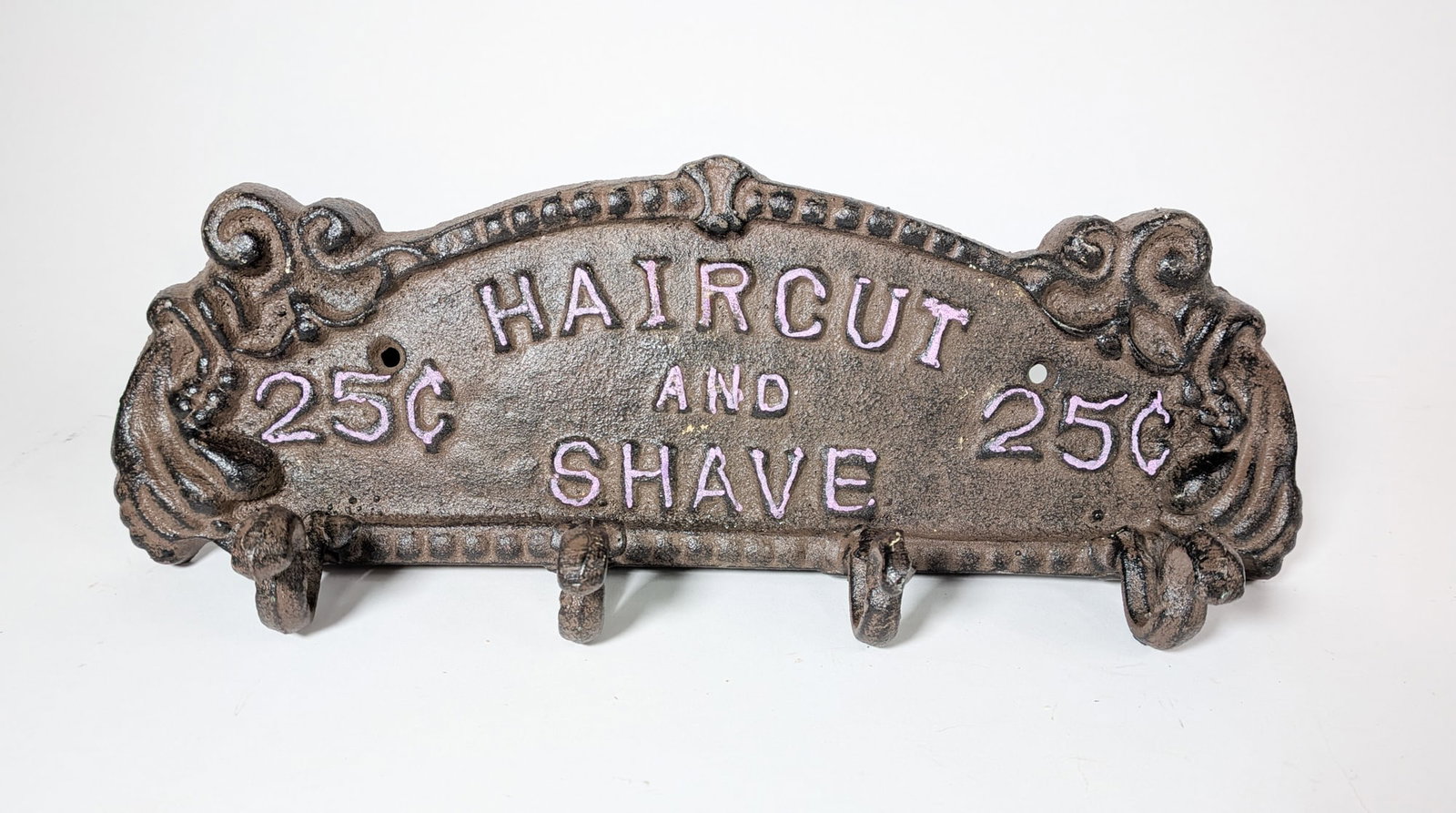 Cast Iron Haircut and Shave Wall Mounted Hooks: Cast Iron Haircut and Shave Wall Mounted Hooks Size 5" x 13" x 3" Literature Brooks Auction – Online Auction Terms & Conditions Contact: (856) 694-2960 | info@brooks.auction READ BEFORE YOU