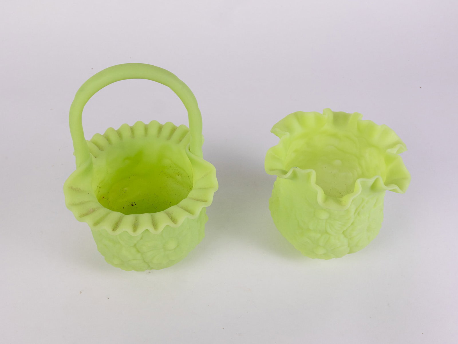 Two Pieces of Fenton "Poppy" Uranium Satin Custard Art Glass - 2