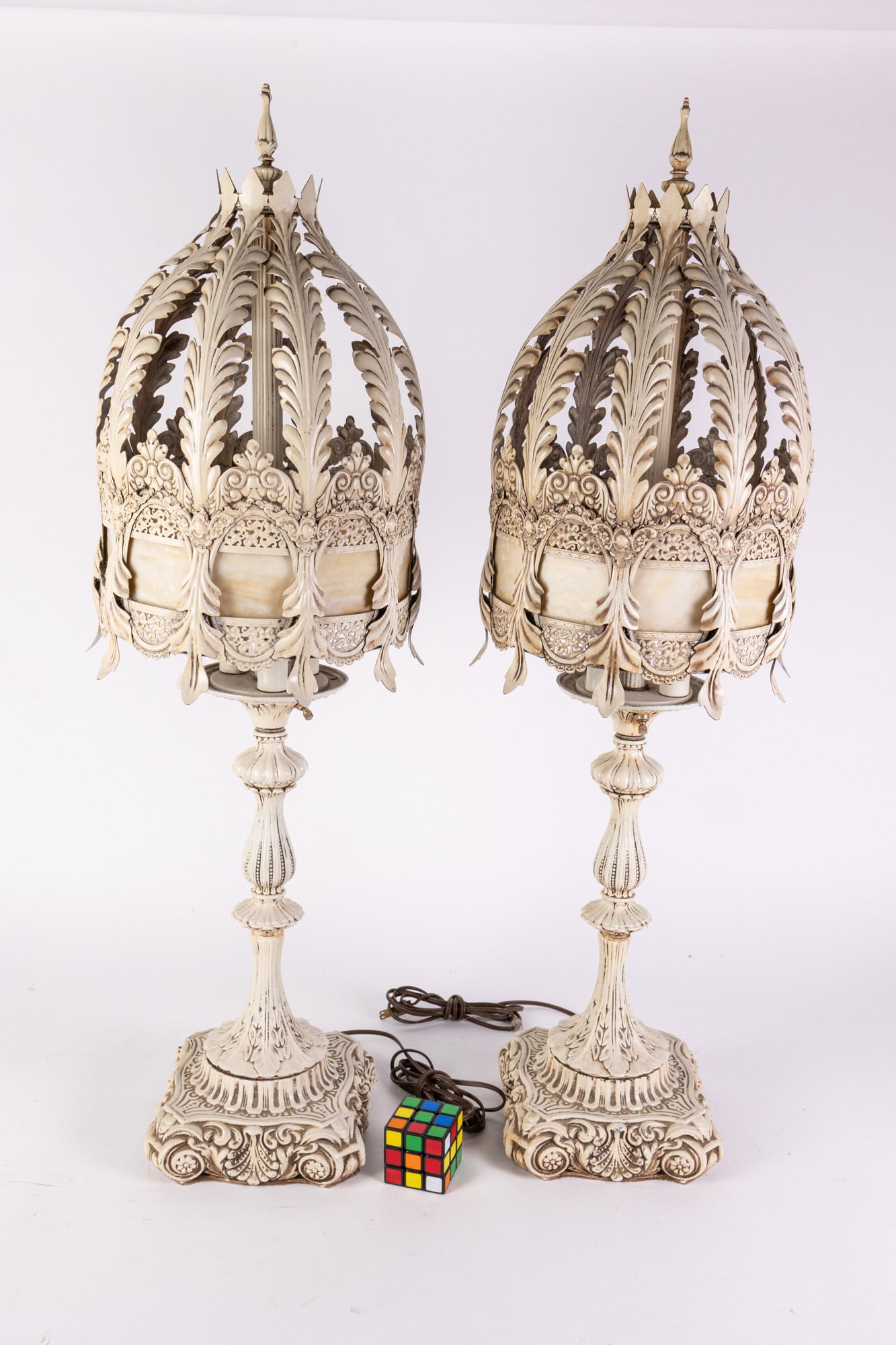 Pair of Vintage Italian Style Slag Glass Architectural Table Lamps - 2
