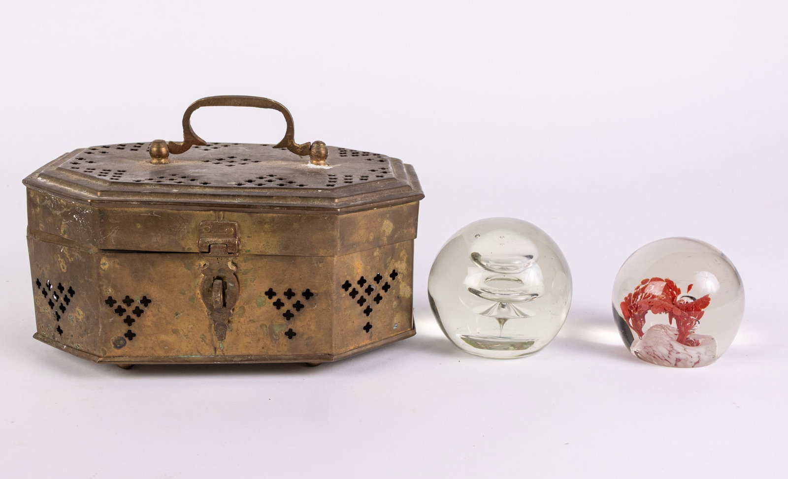 Two Vintage Glass Paperweights with Brass Trinket Box: Two Vintage Glass Paperweights with Brass Trinket Box Size 4" x 8" x 6" Literature Brooks Auction – Online Auction Terms & Conditions Contact: (856) 694-2960 | info@brooks.auction READ BEFOR