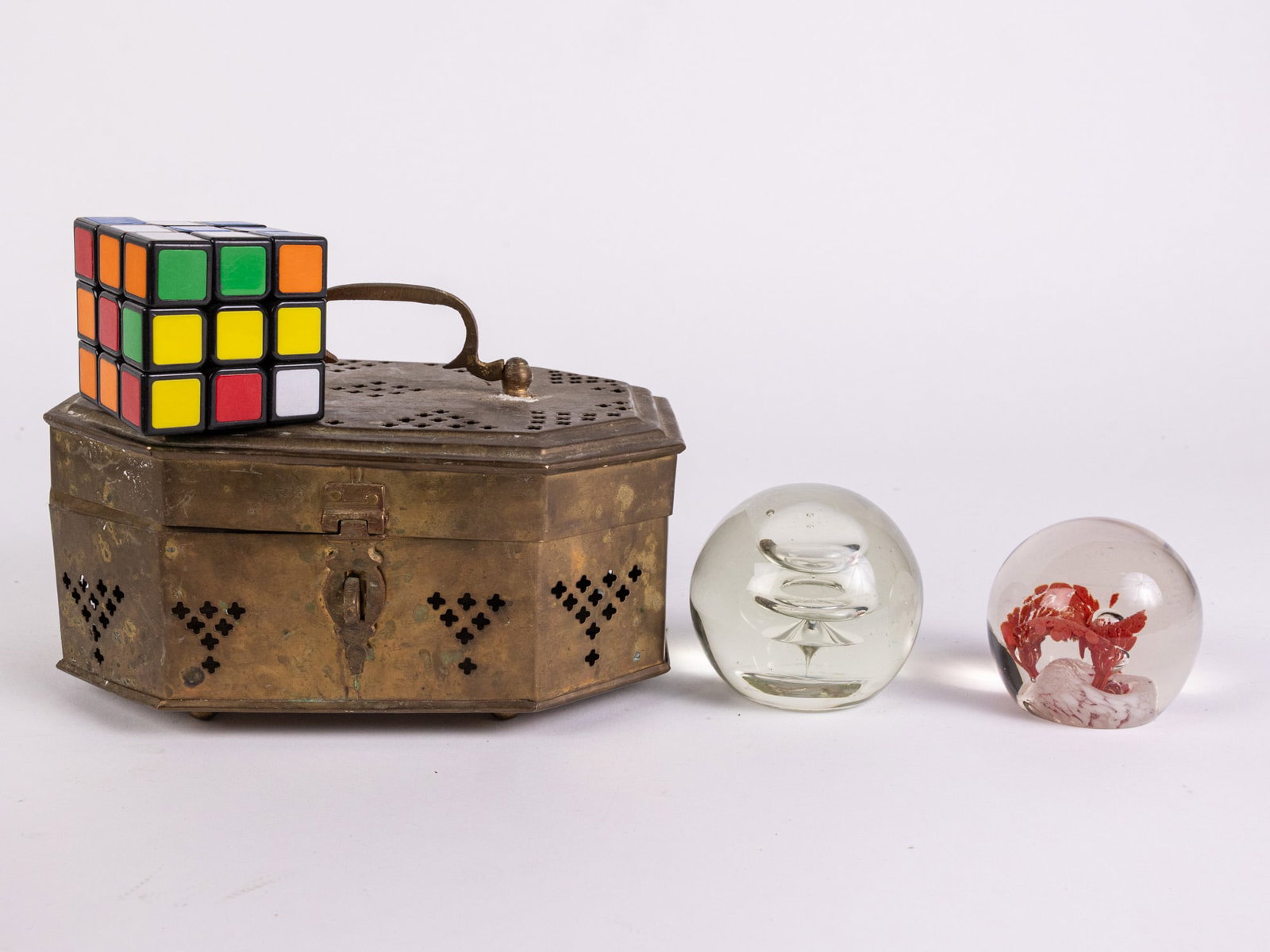 Two Vintage Glass Paperweights with Brass Trinket Box - 2