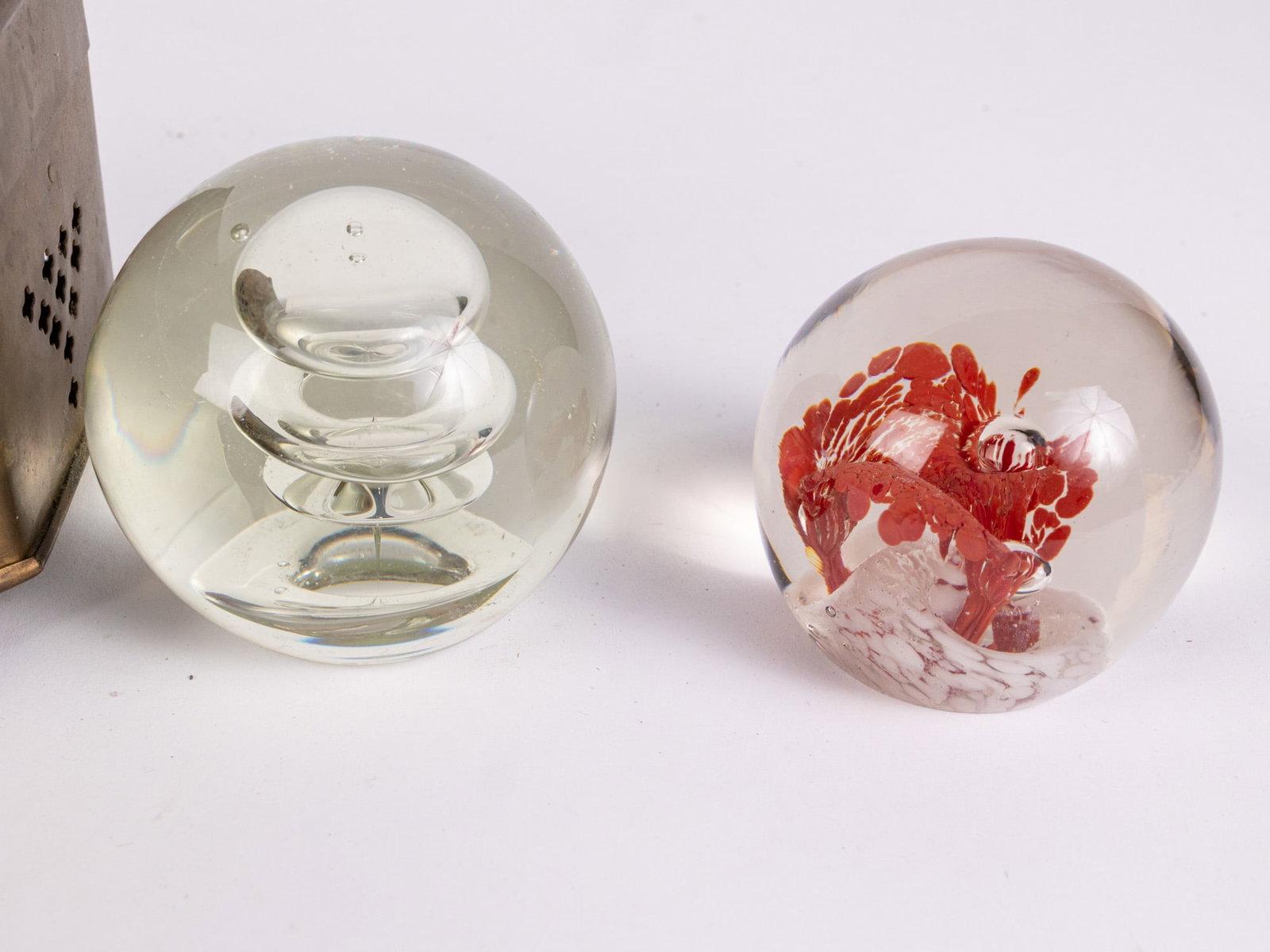 Two Vintage Glass Paperweights with Brass Trinket Box - 3