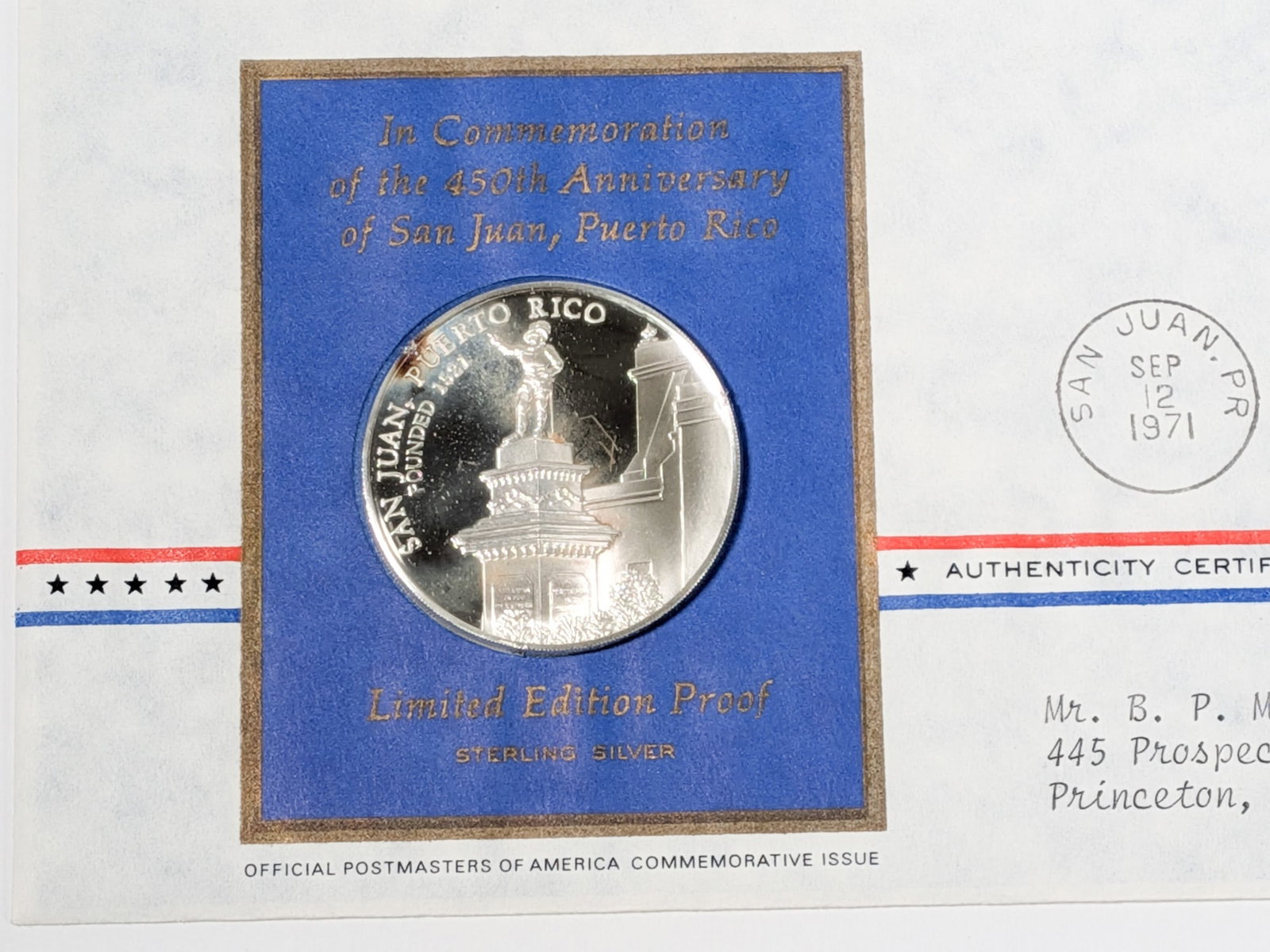 "450th Anniversary of San Juan" Limited Edition Sterling Proof By the Franklin Mint W/ Stamp - 4