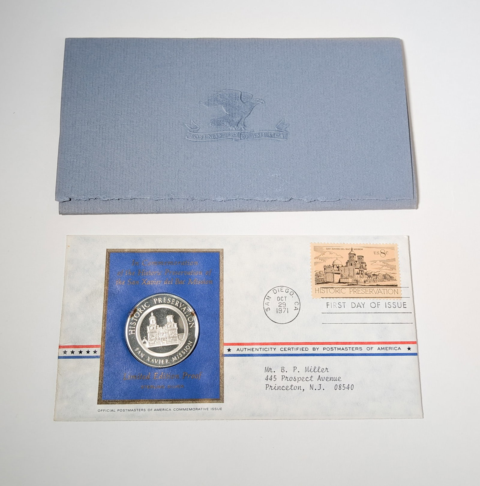 "The Historic Preservation of San Xavier Del Bac Mission" Limited Edition: "In Commemoration of the Historic Preservation of San Xavier Del Bac Mission" Post Masters Authority and Franklin Mint Sterling Silver Limited Edition Proof with Stamp Literature Brooks Auction