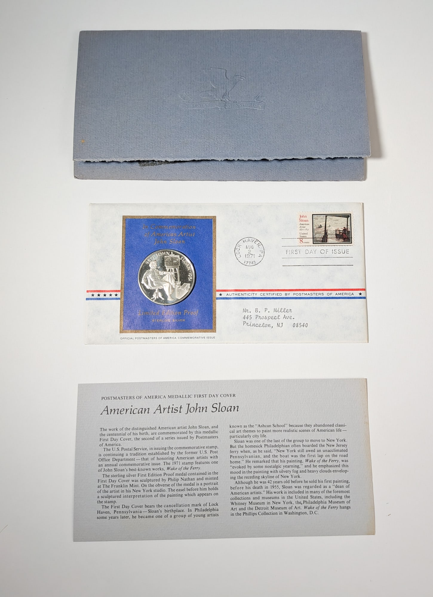 "American Artist John Sloan" Limited Edition Sterling Silver Proof and Stamp: "American Artist John Sloan" Limited Edition Sterling Silver Proof and Stamp by the Postmasters of America and the Franklin Mint with day one cover Literature Brooks Auction – Online Auction Ter