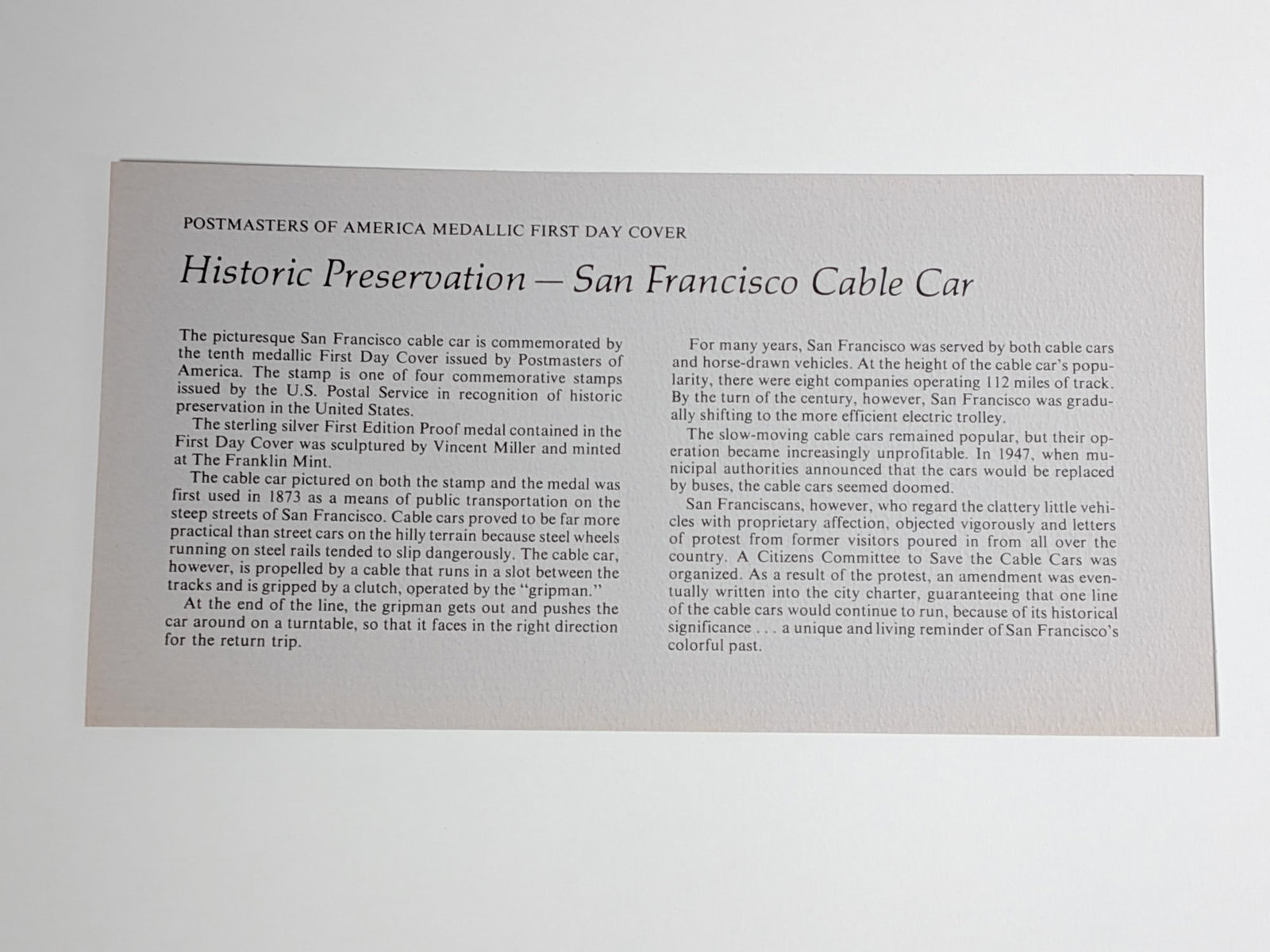 "Historic Preservation of San Francisco Cable Car" Limited Edition Sterling Silver proof and Stamp - 6
