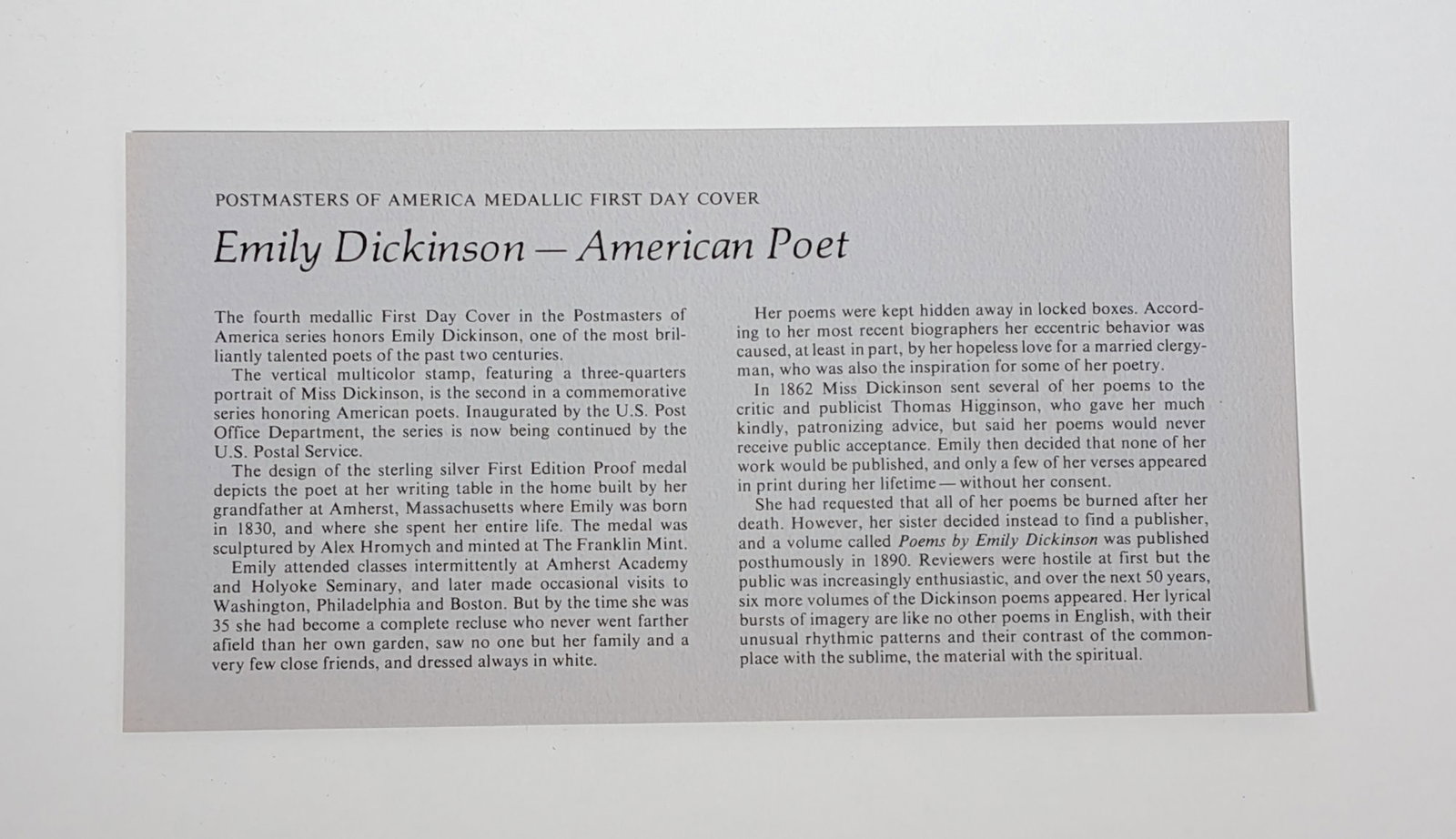"Emily Dickinson - American Poet" Limited edition Sterling Silver Proof - 6